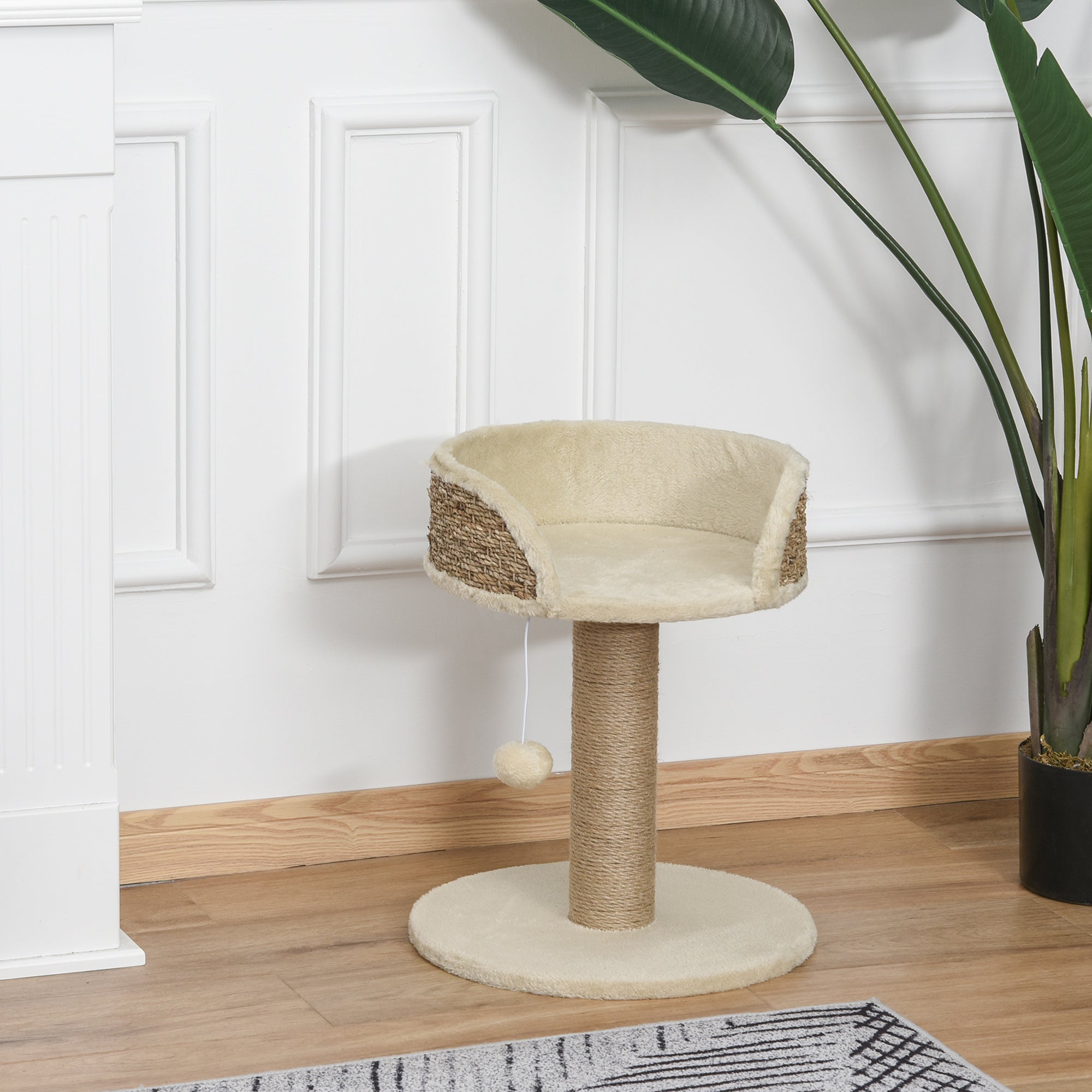 PawHut Small Cat Tree with Scratching Post, Perch, Toy Ball, Cat Tower for Indoor Cats - 16" x 16" x 19", Beige