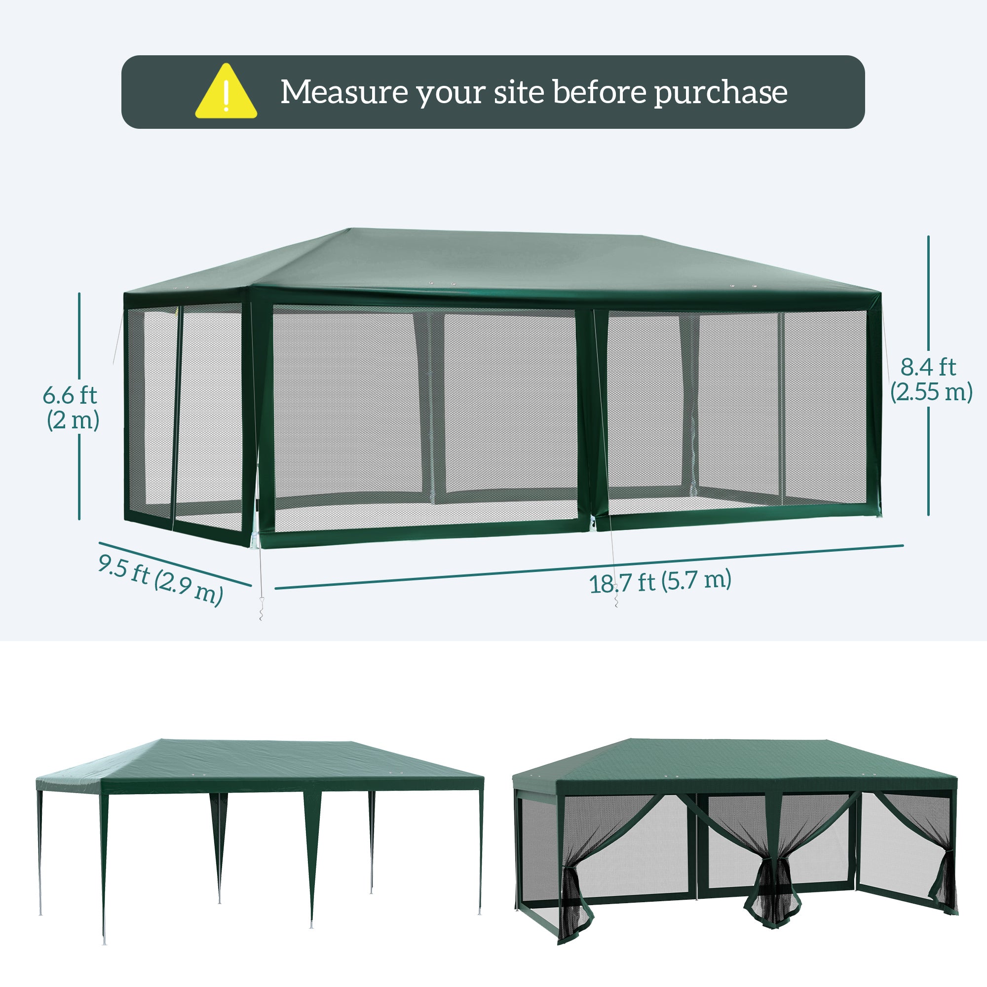 Outsunny 10' x 20' Party Tent Outdoor Canopy Garden Sun Shade with 8 Mosquito Mesh Netting and Zipper Door, Green
