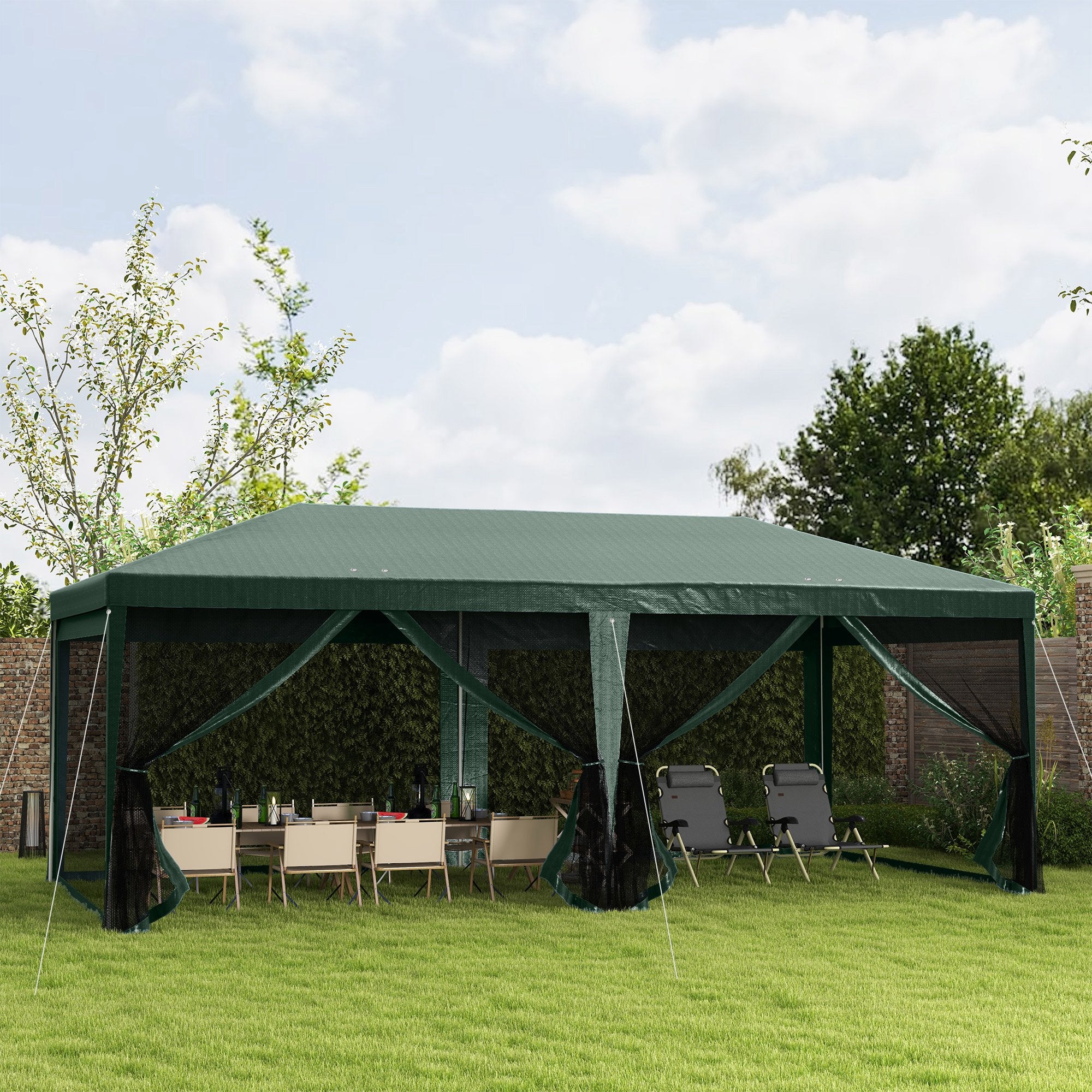 Outsunny 10' x 20' Party Tent Outdoor Canopy Garden Sun Shade with 8 Mosquito Mesh Netting and Zipper Door, Green