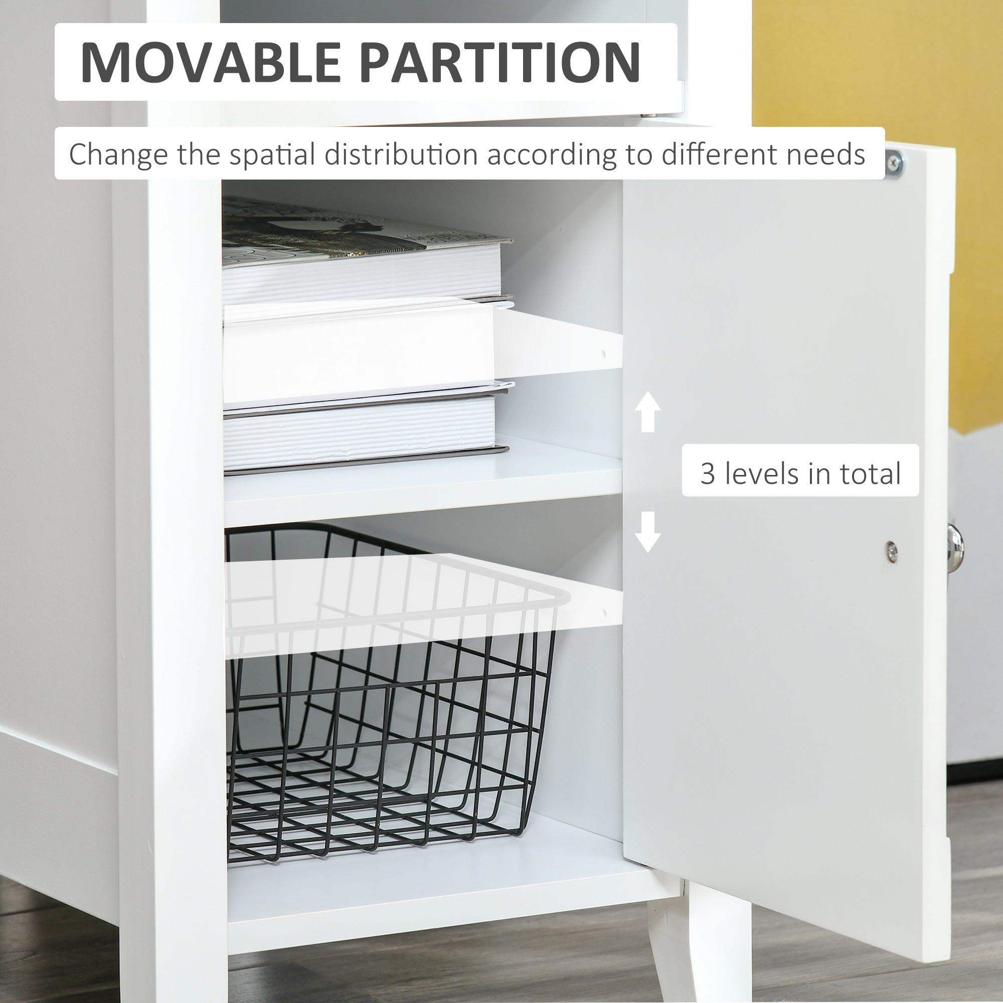 HOMCOM Narrow Side Table, Accent End Table with Pull-out Tray, Open Shelf and Cupboard, Slim Nightstand with Storage for Living Room, White
