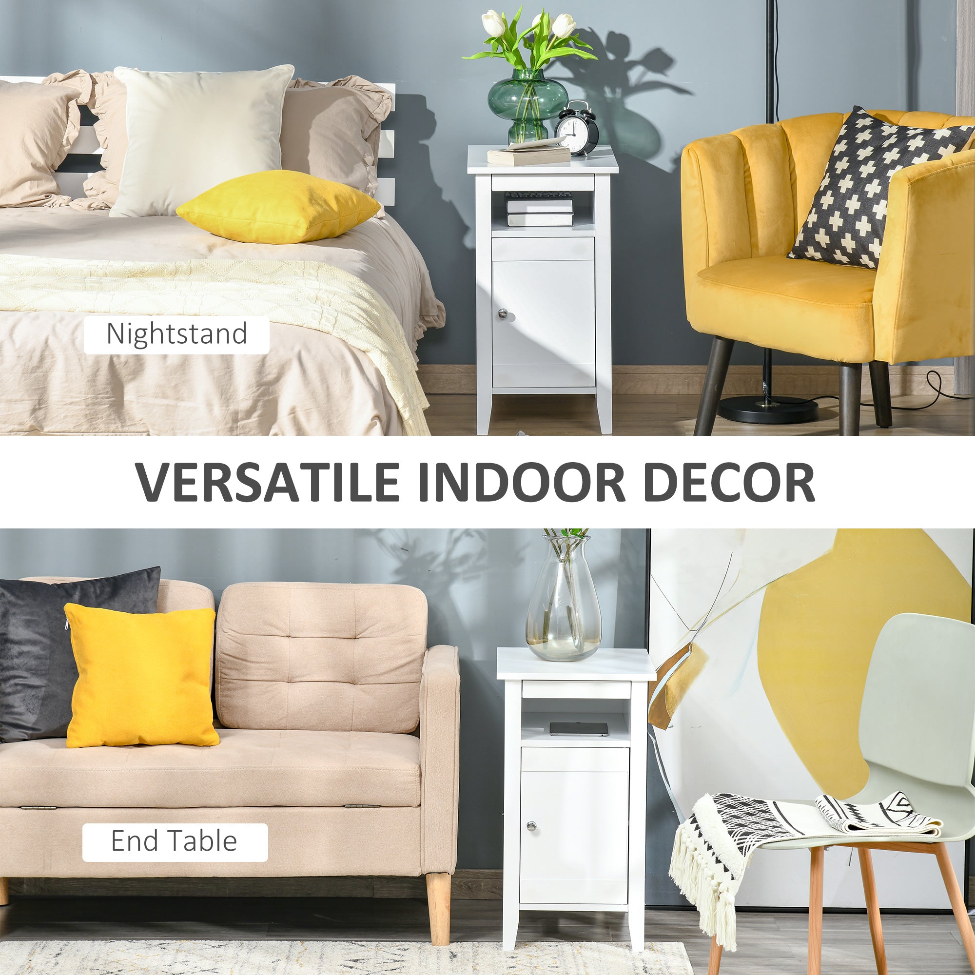 HOMCOM Narrow Side Table, Accent End Table with Pull-out Tray, Open Shelf and Cupboard, Slim Nightstand with Storage for Living Room, White