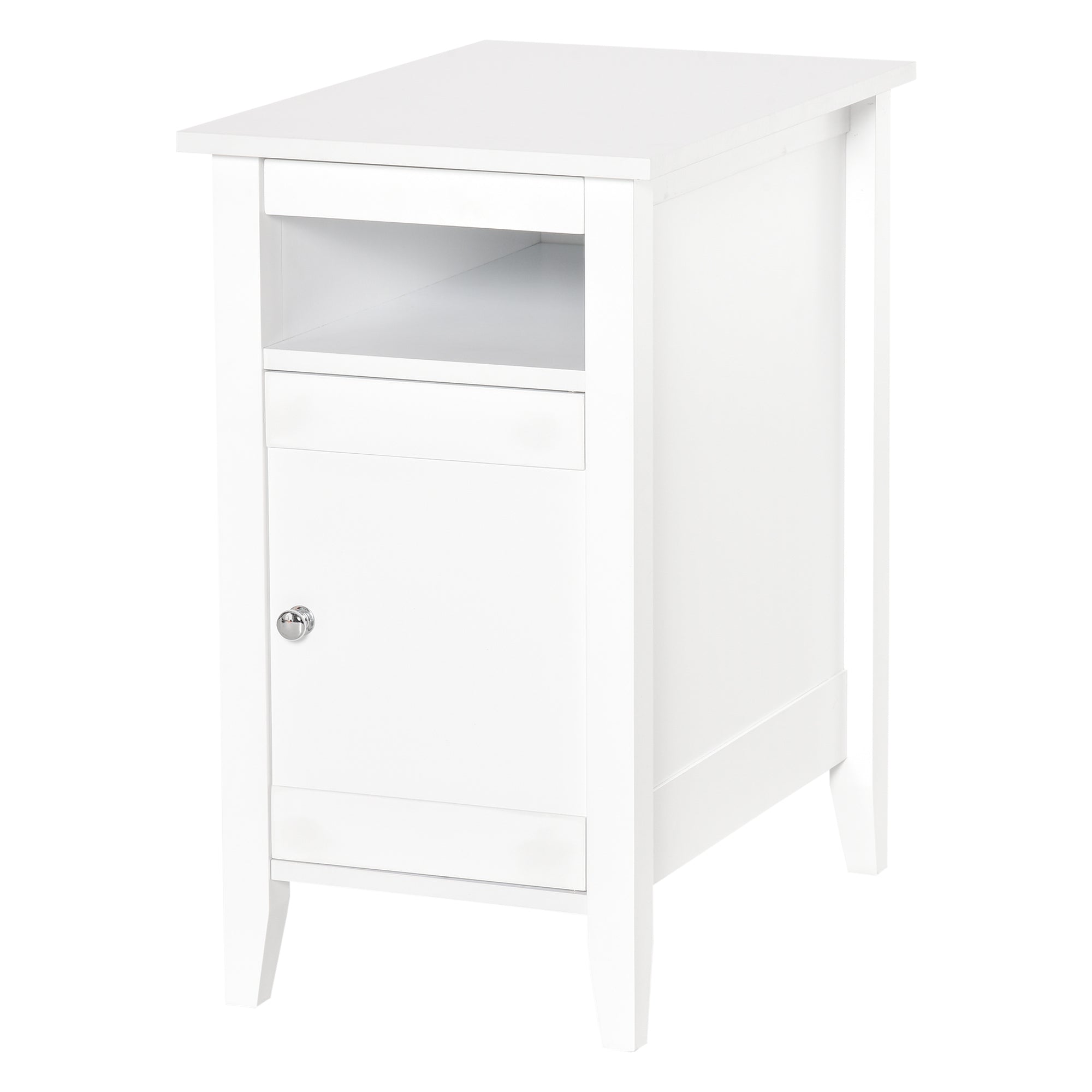 HOMCOM Narrow Side Table, Accent End Table with Pull-out Tray, Open Shelf and Cupboard, Slim Nightstand with Storage for Living Room, White