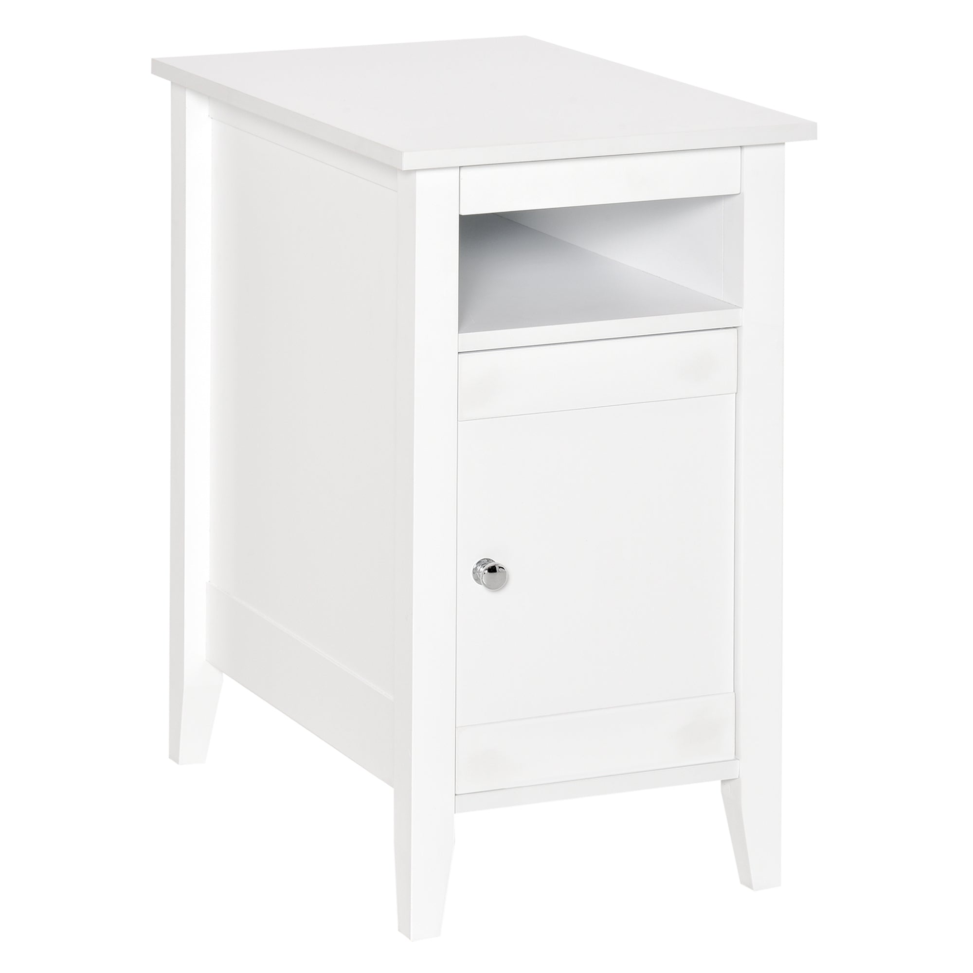 HOMCOM Narrow Side Table, Accent End Table with Pull-out Tray, Open Shelf and Cupboard, Slim Nightstand with Storage for Living Room, White