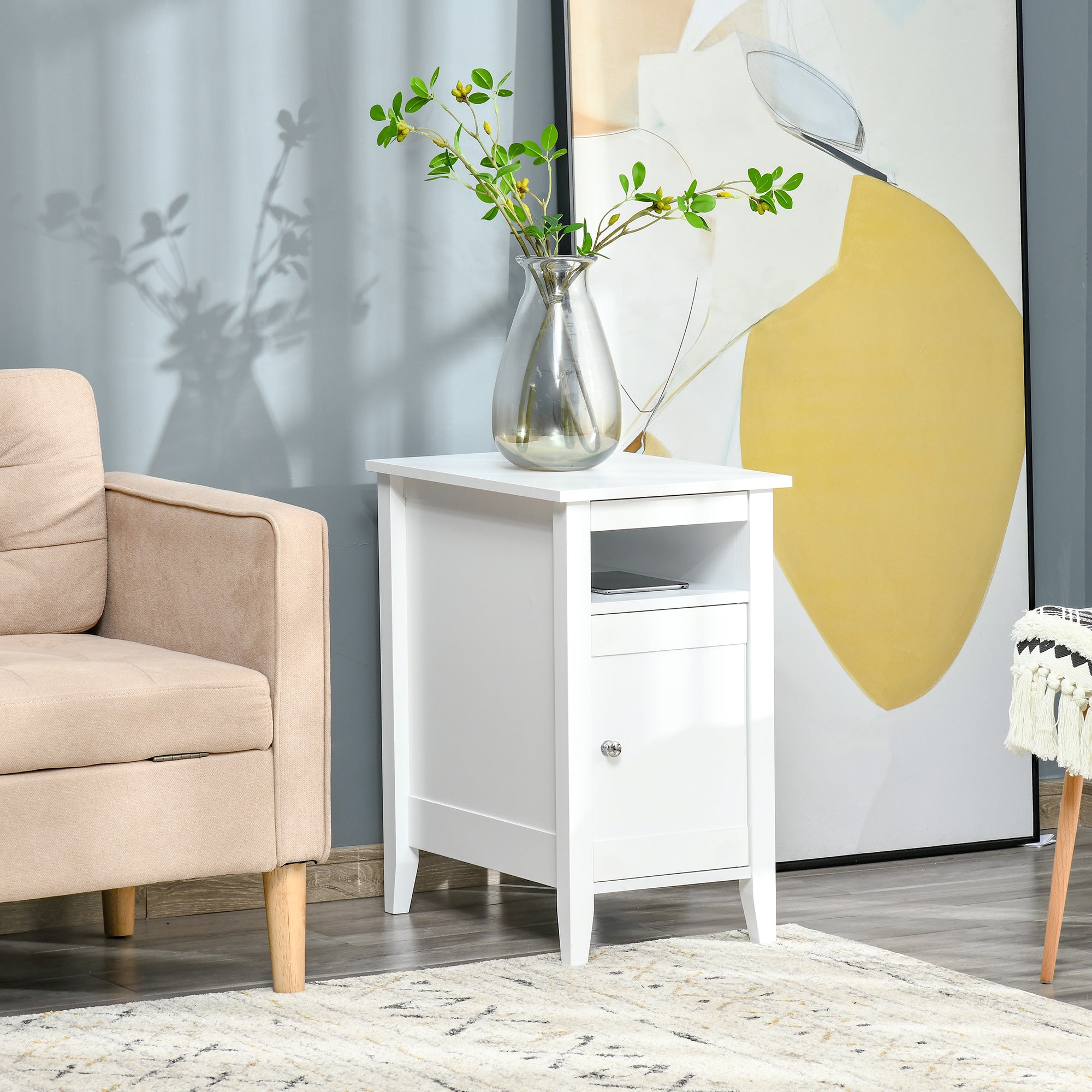 HOMCOM Narrow Side Table, Accent End Table with Pull-out Tray, Open Shelf and Cupboard, Slim Nightstand with Storage for Living Room, White