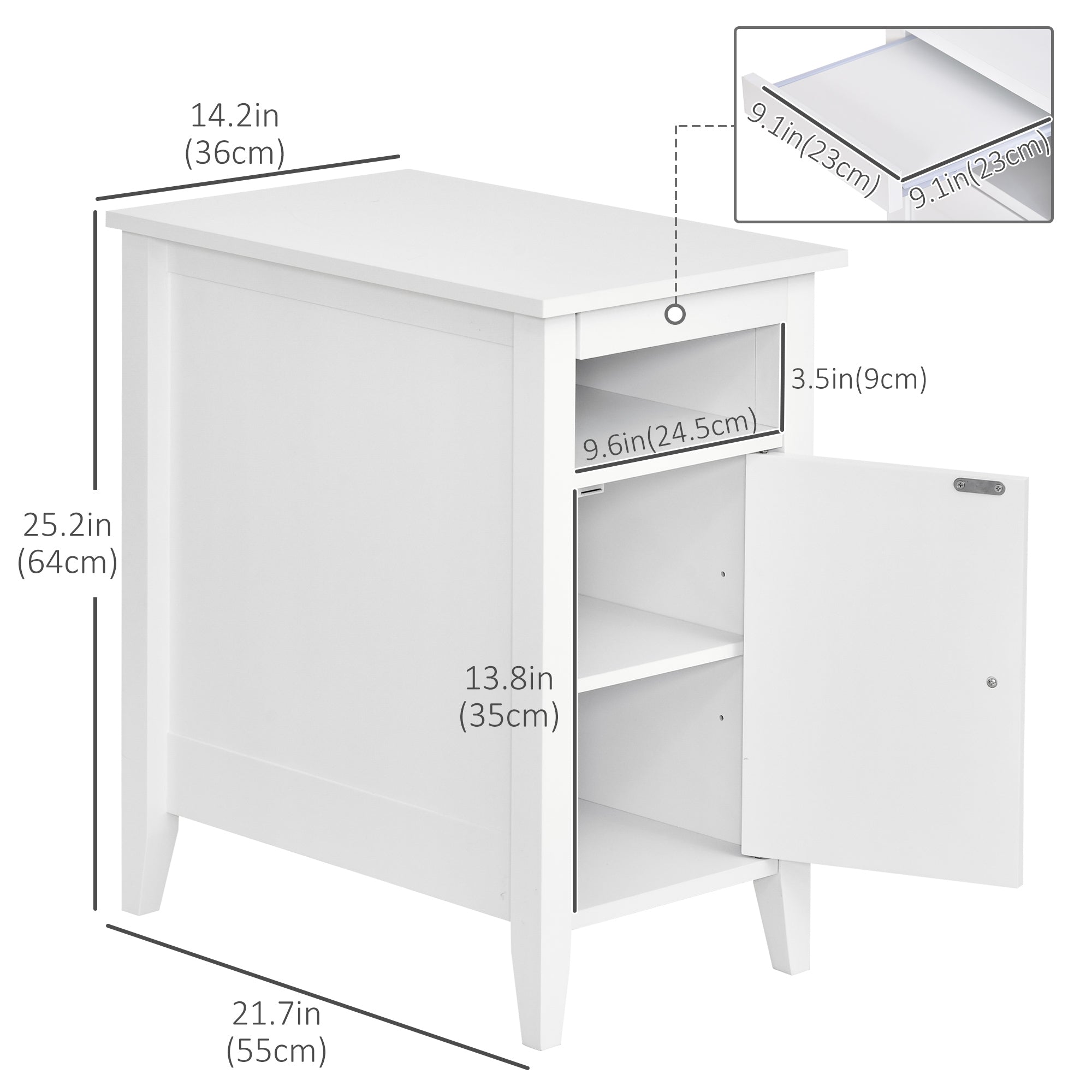 HOMCOM Narrow Side Table, Accent End Table with Pull-out Tray, Open Shelf and Cupboard, Slim Nightstand with Storage for Living Room, White
