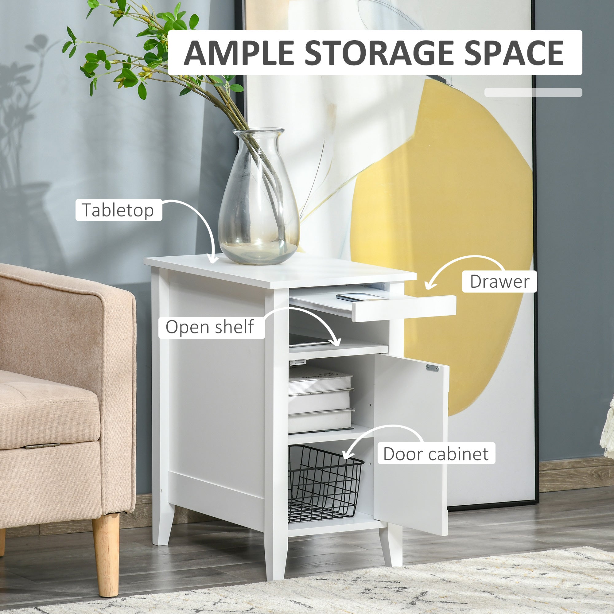 HOMCOM Narrow Side Table, Accent End Table with Pull-out Tray, Open Shelf and Cupboard, Slim Nightstand with Storage for Living Room, White
