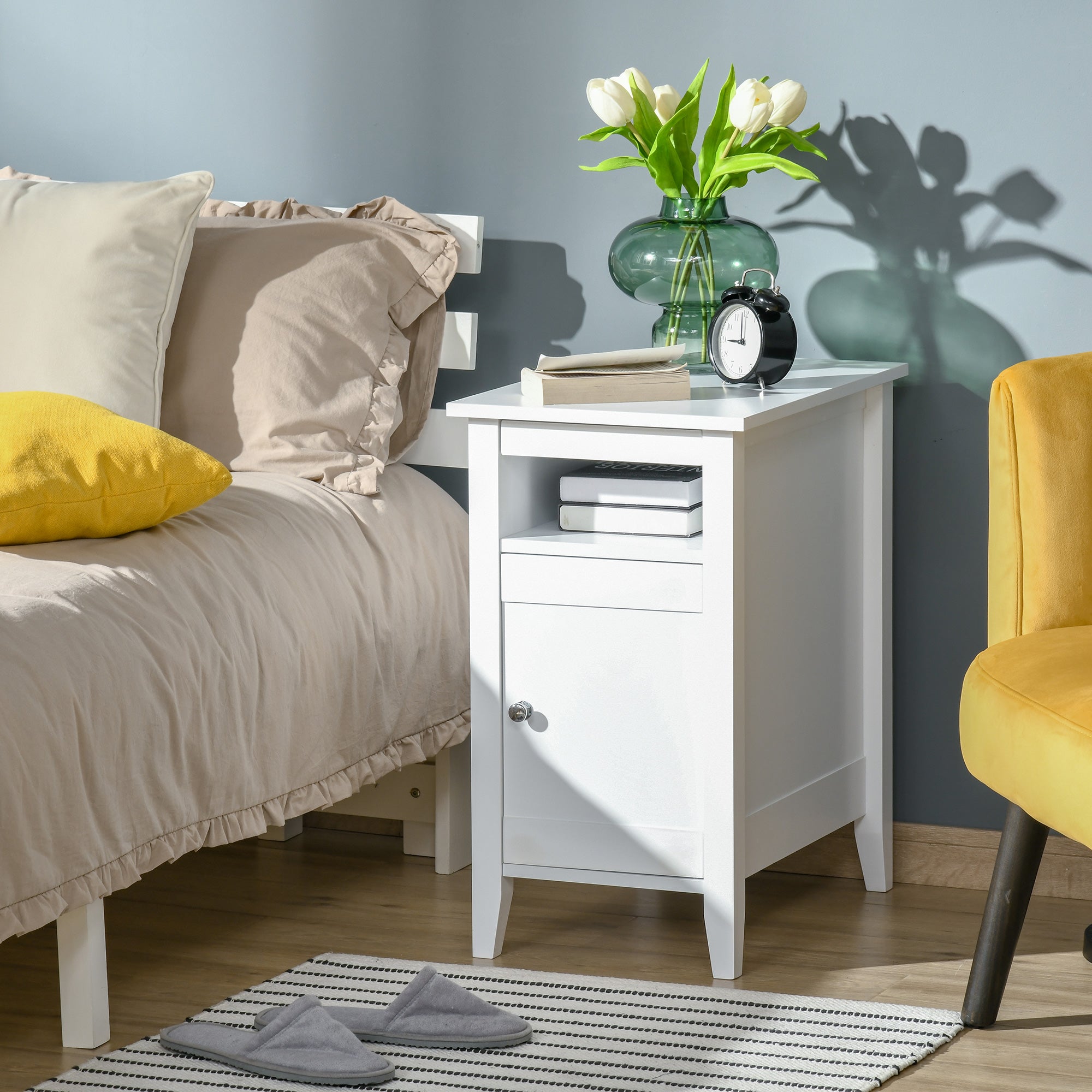 HOMCOM Narrow Side Table, Accent End Table with Pull-out Tray, Open Shelf and Cupboard, Slim Nightstand with Storage for Living Room, White