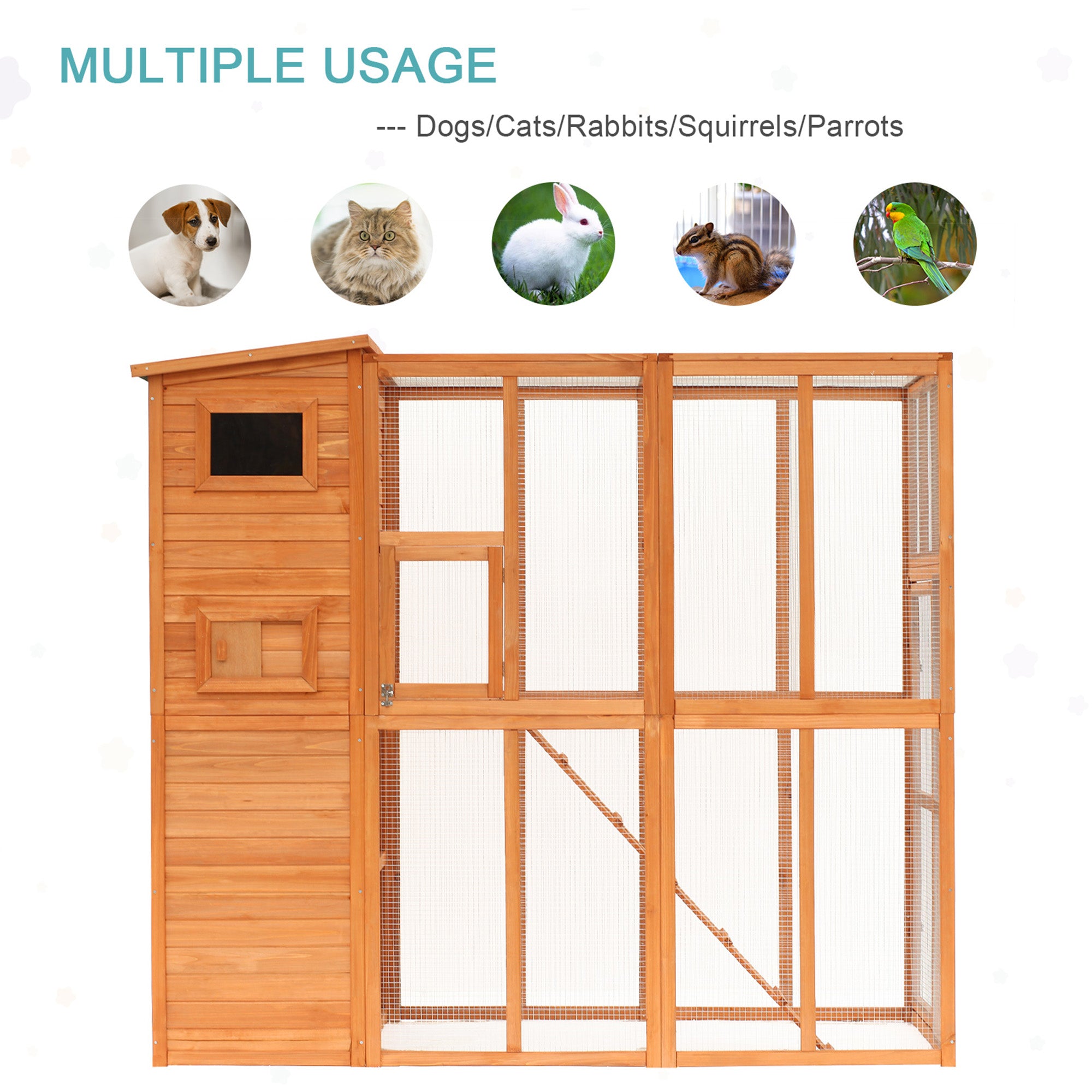 PawHut Large Catio Outdoor Cat Enclosure Weatherproof Cat House with Cat Condo, Indoor Wooden Cat Cage Pet Kennel, 77"L x 38"W x 69"H