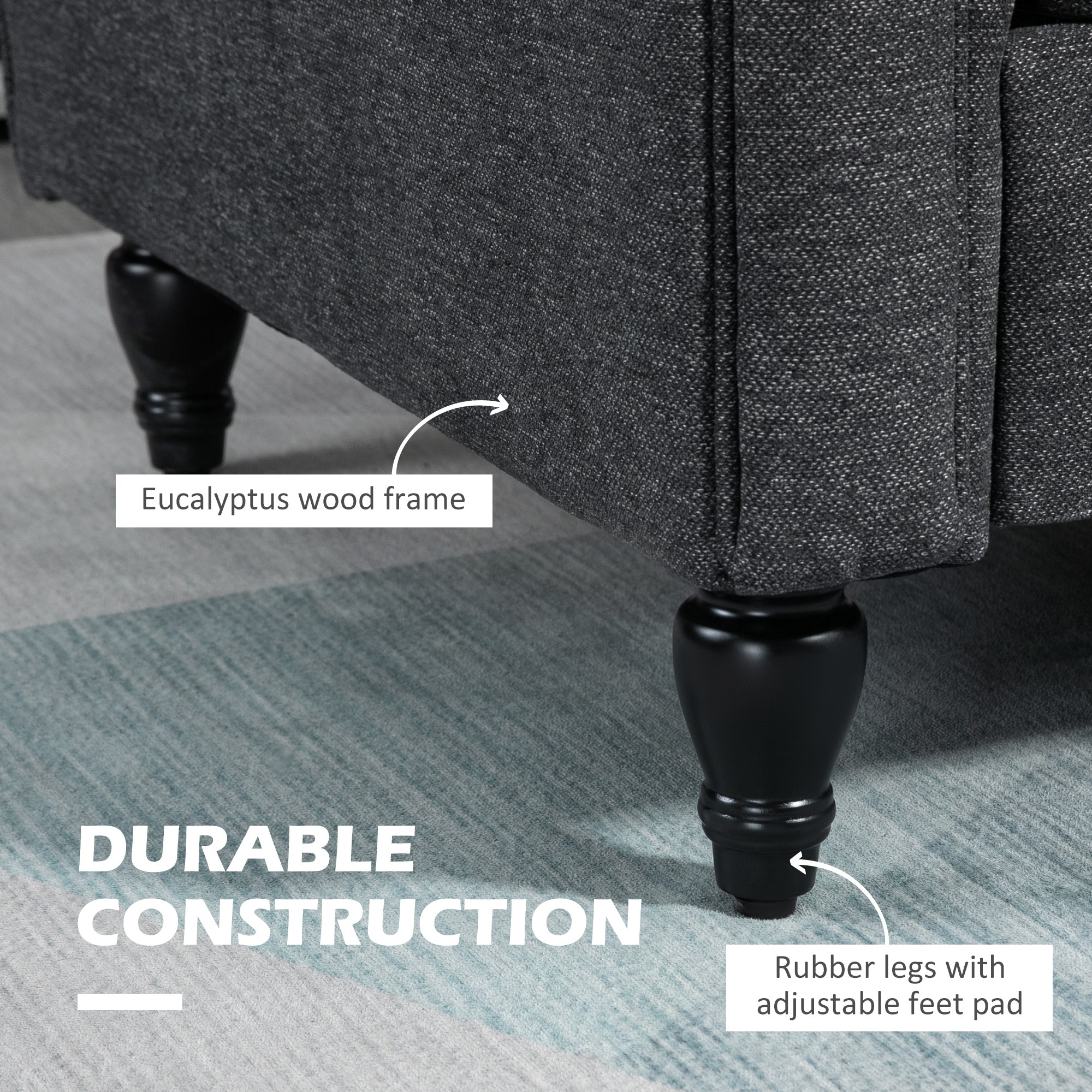 HOMCOM Vintage Loveseat, Upholstered Love Seat Furniture, Chenille-feel Fabric 2 Seater Sofa Couch with Rolled Arms, Gourd-Shaped Rubber Wood Legs for Living Room, Dark Grey