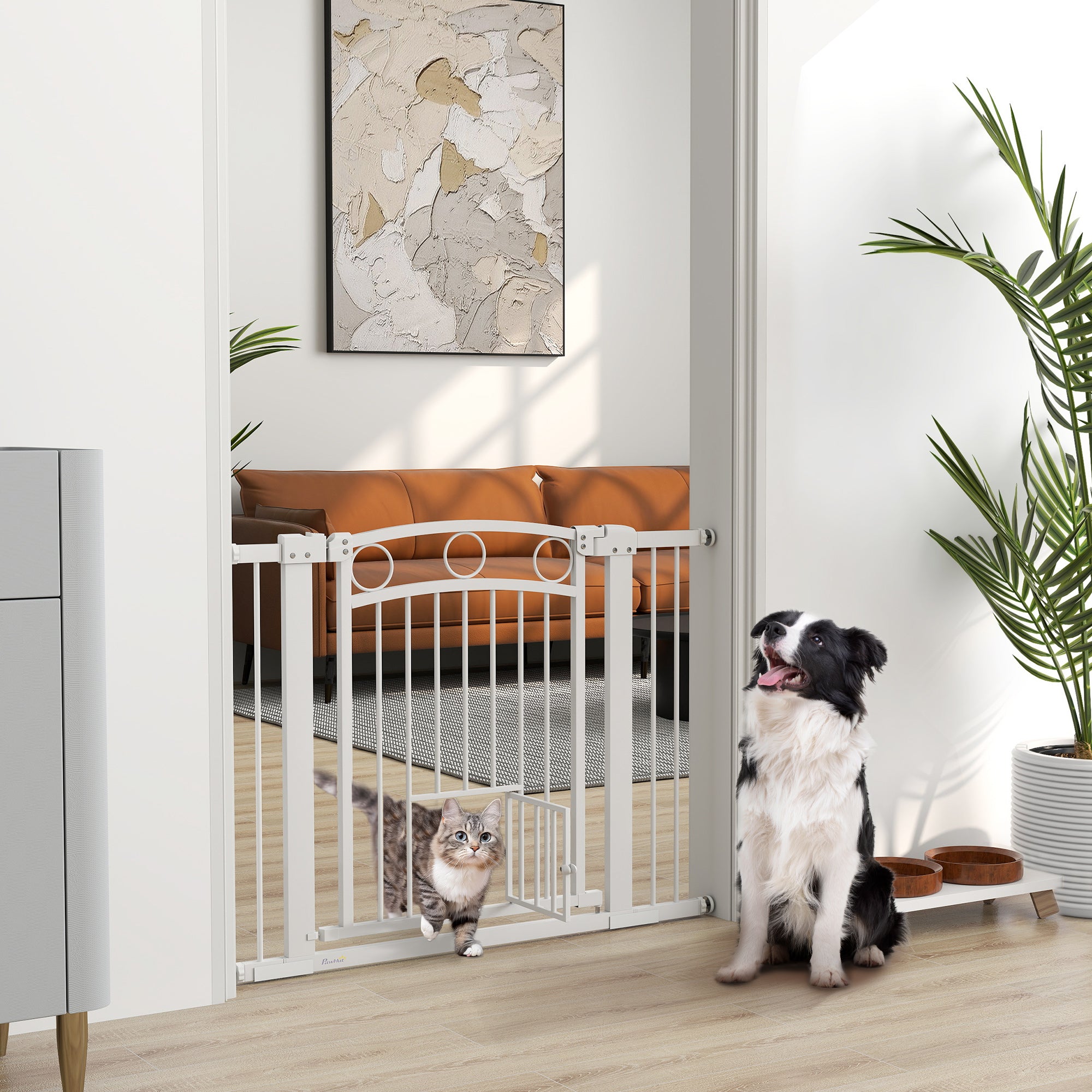 PawHut Dog Gate, 30" Extra Tall Pet Gate with Cat Door, Includes 2.8" and 5.5" Extension Kits, Pressure Mounted Stair Gate for Doorways, Hallways, Stairways, 30"-41" Width