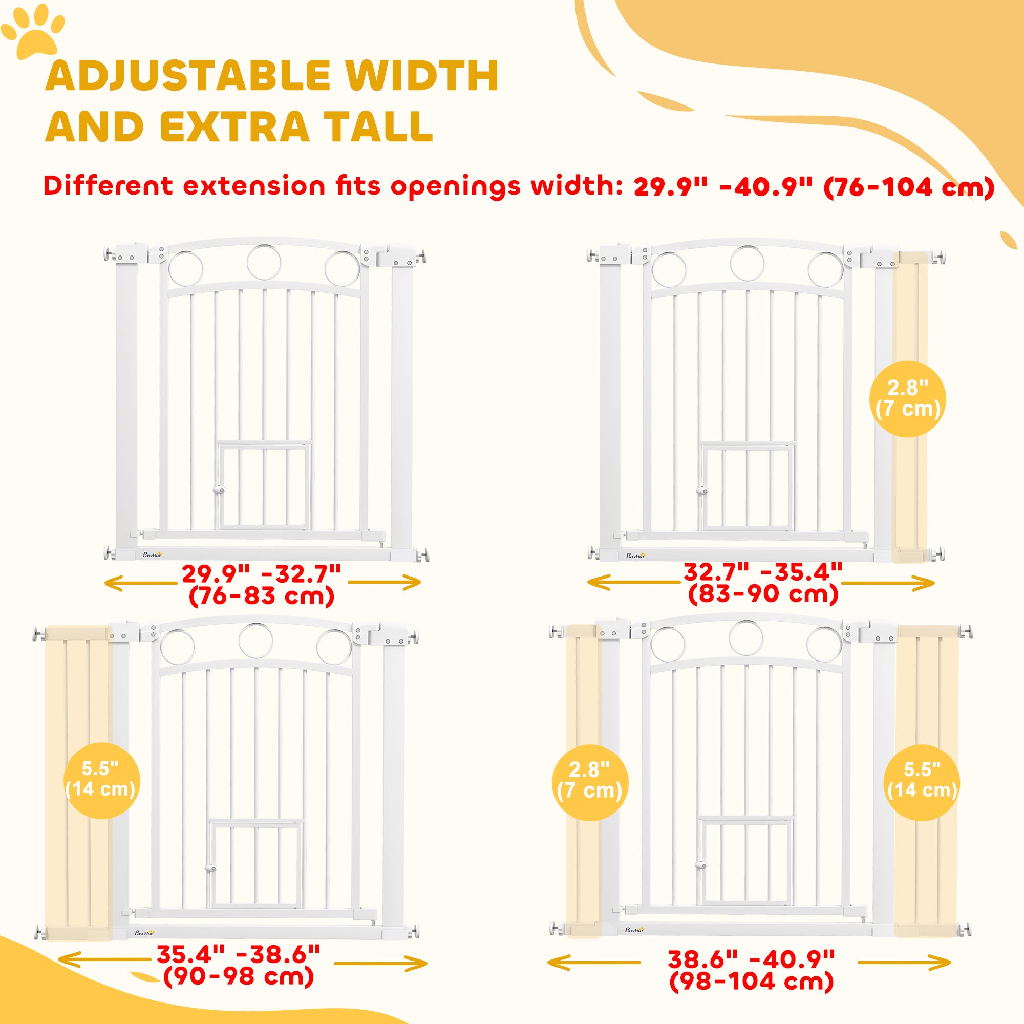 PawHut Dog Gate, 30" Extra Tall Pet Gate with Cat Door, Includes 2.8" and 5.5" Extension Kits, Pressure Mounted Stair Gate for Doorways, Hallways, Stairways, 30"-41" Width