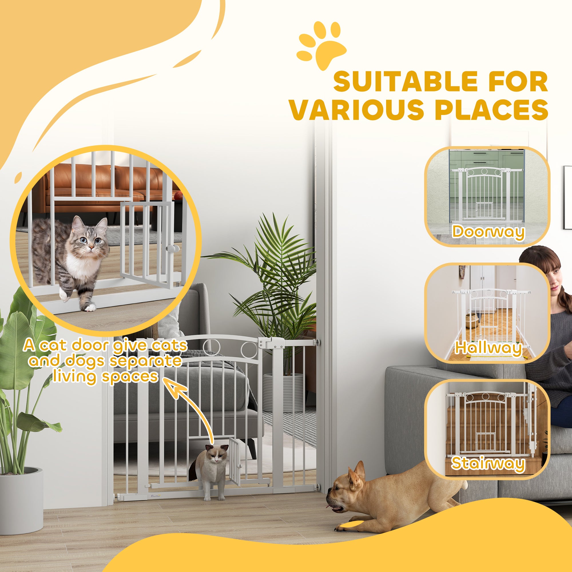 PawHut Dog Gate, 30" Extra Tall Pet Gate with Cat Door, Includes 2.8" and 5.5" Extension Kits, Pressure Mounted Stair Gate for Doorways, Hallways, Stairways, 30"-41" Width