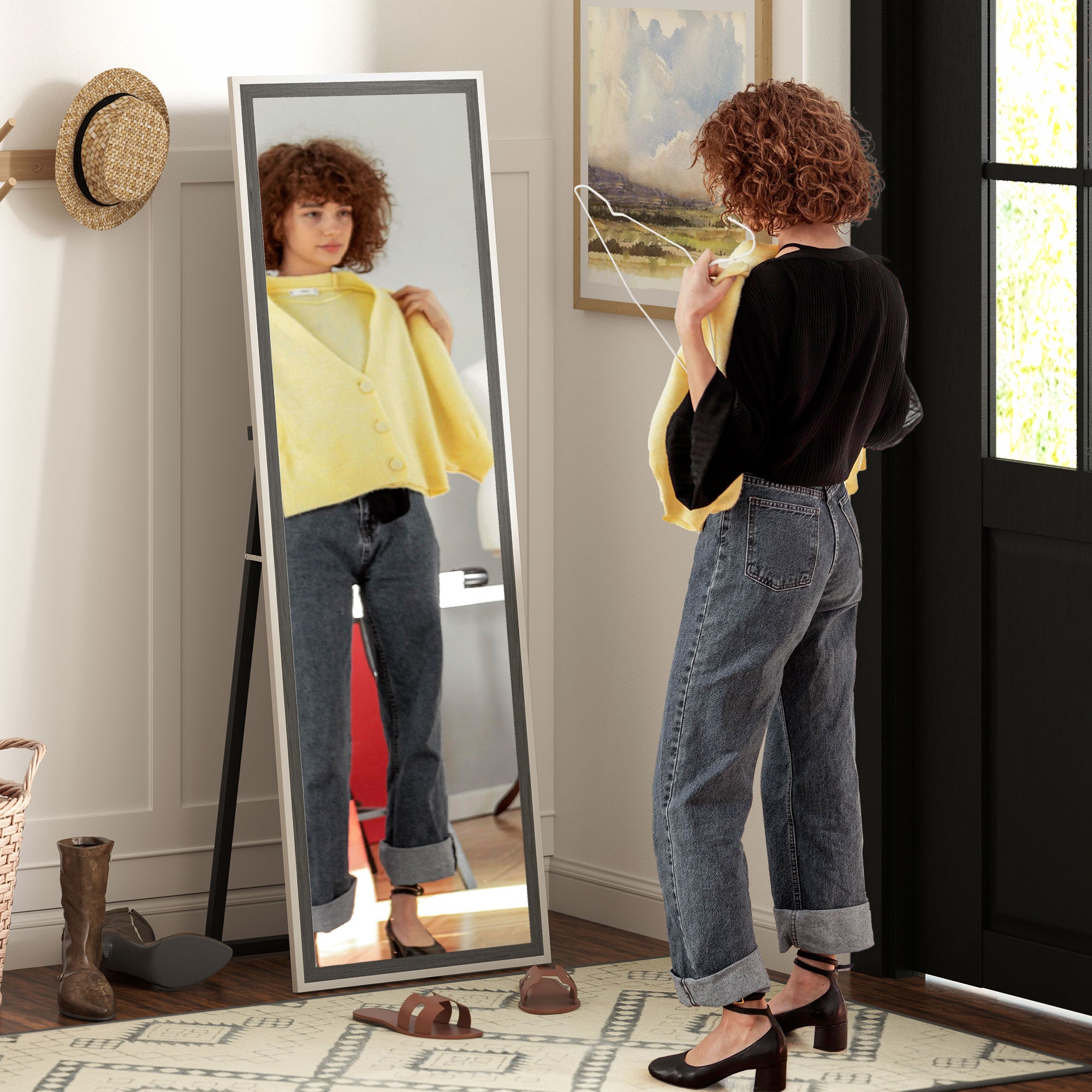 HOMCOM Full Length Mirror, 64" x 21" Full Body Mirror with Frame, Free Standing, Leaning or Wall Mirror for Bedroom, Living Room, Grey Wood Grain