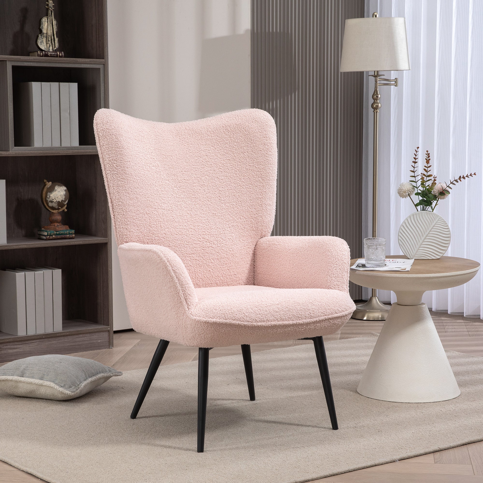 HOMCOM Modern Sherpa Boucle Accent Chair, Upholstered Lounge Chair, Fluffy Armchair for Living Room, Bedroom, Reading Room, Pink