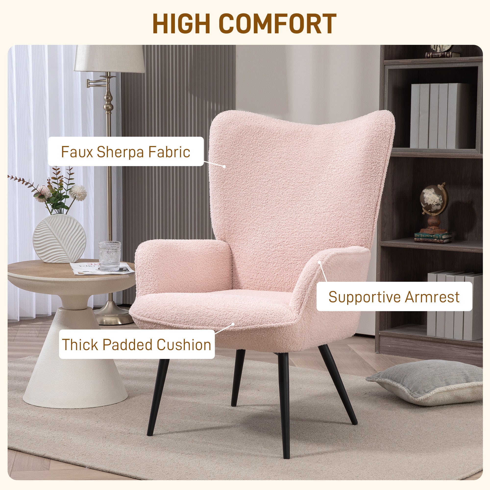 HOMCOM Modern Sherpa Boucle Accent Chair, Upholstered Lounge Chair, Fluffy Armchair for Living Room, Bedroom, Reading Room, Pink