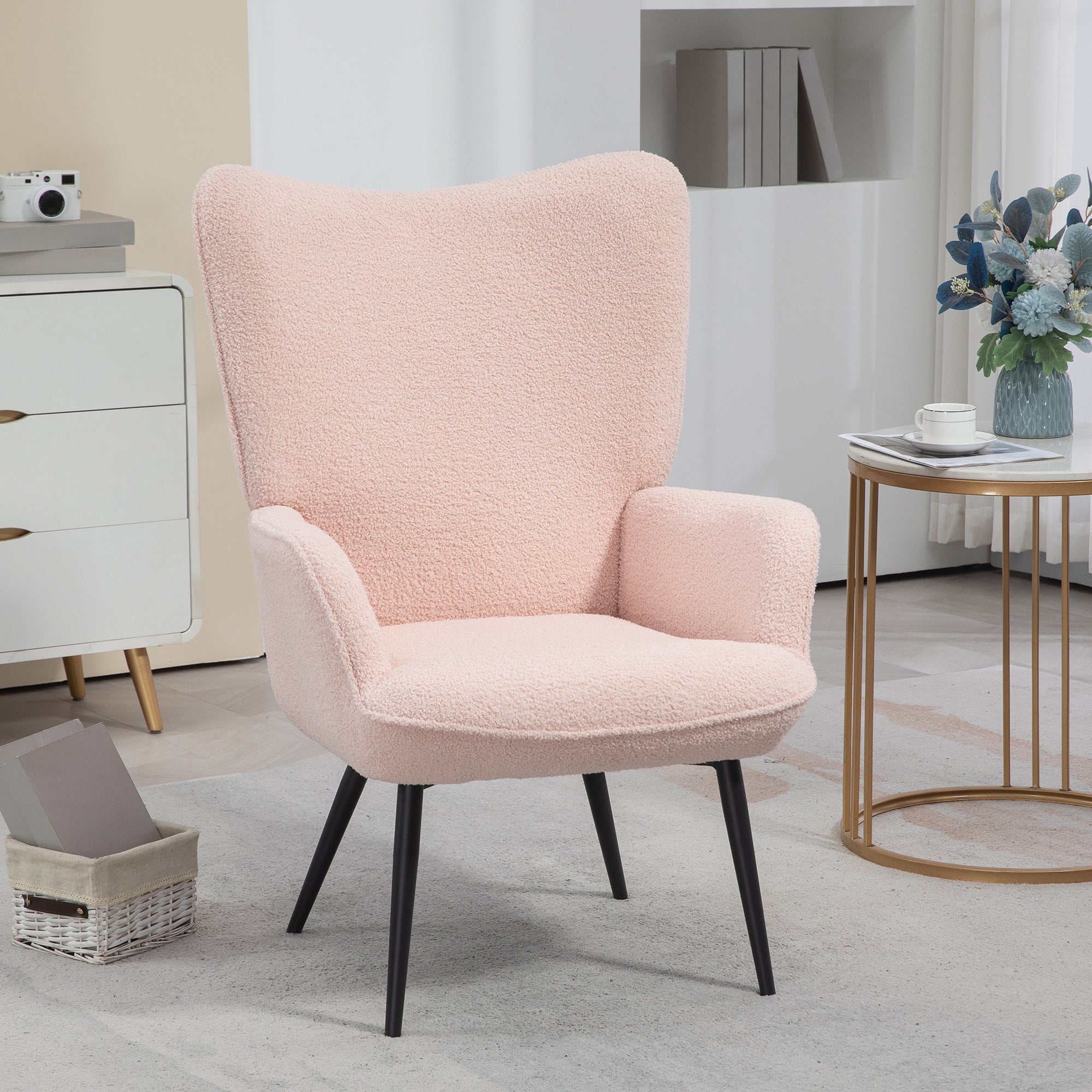 HOMCOM Modern Sherpa Boucle Accent Chair, Upholstered Lounge Chair, Fluffy Armchair for Living Room, Bedroom, Reading Room, Pink