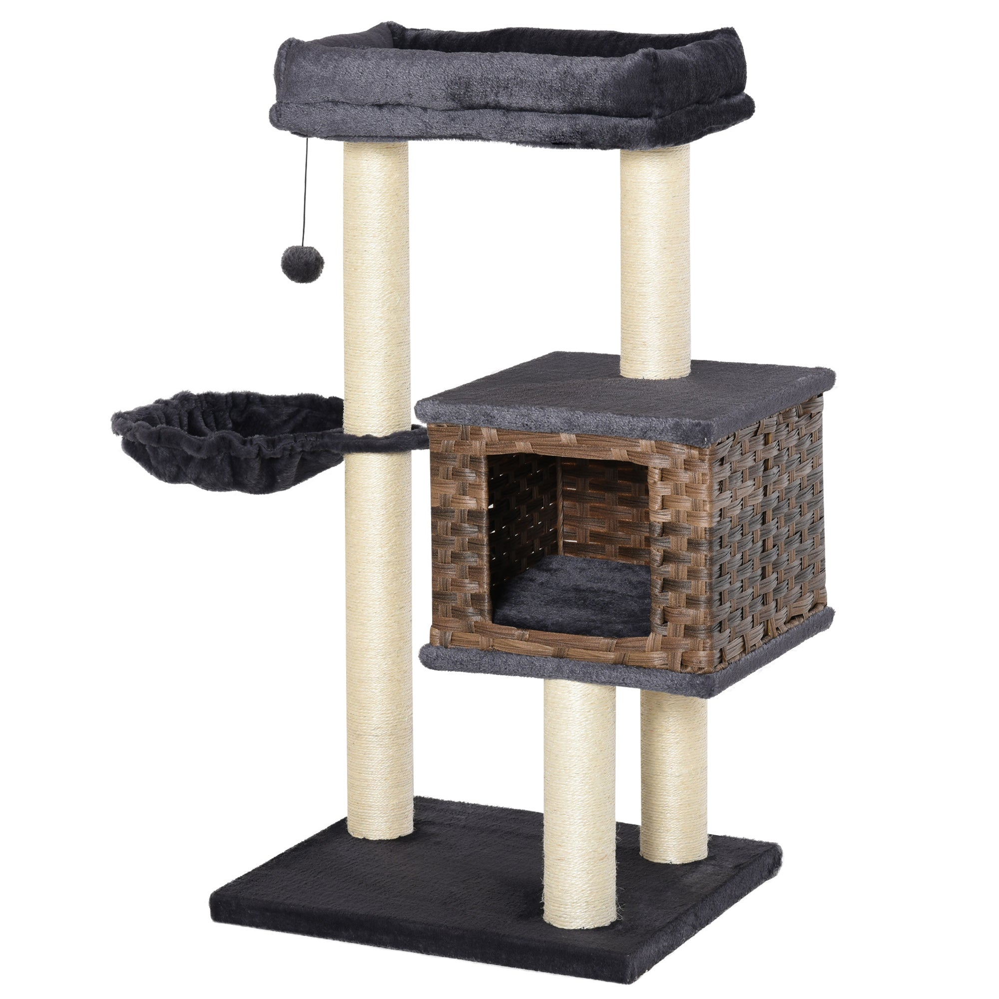 PawHut Cat Tree Tower for Indoor Cats 101cm Climbing Activity Center Kitten with Sisal Scratching Post Condo Perch Hanging Balls Toy Cushion PE Rattan