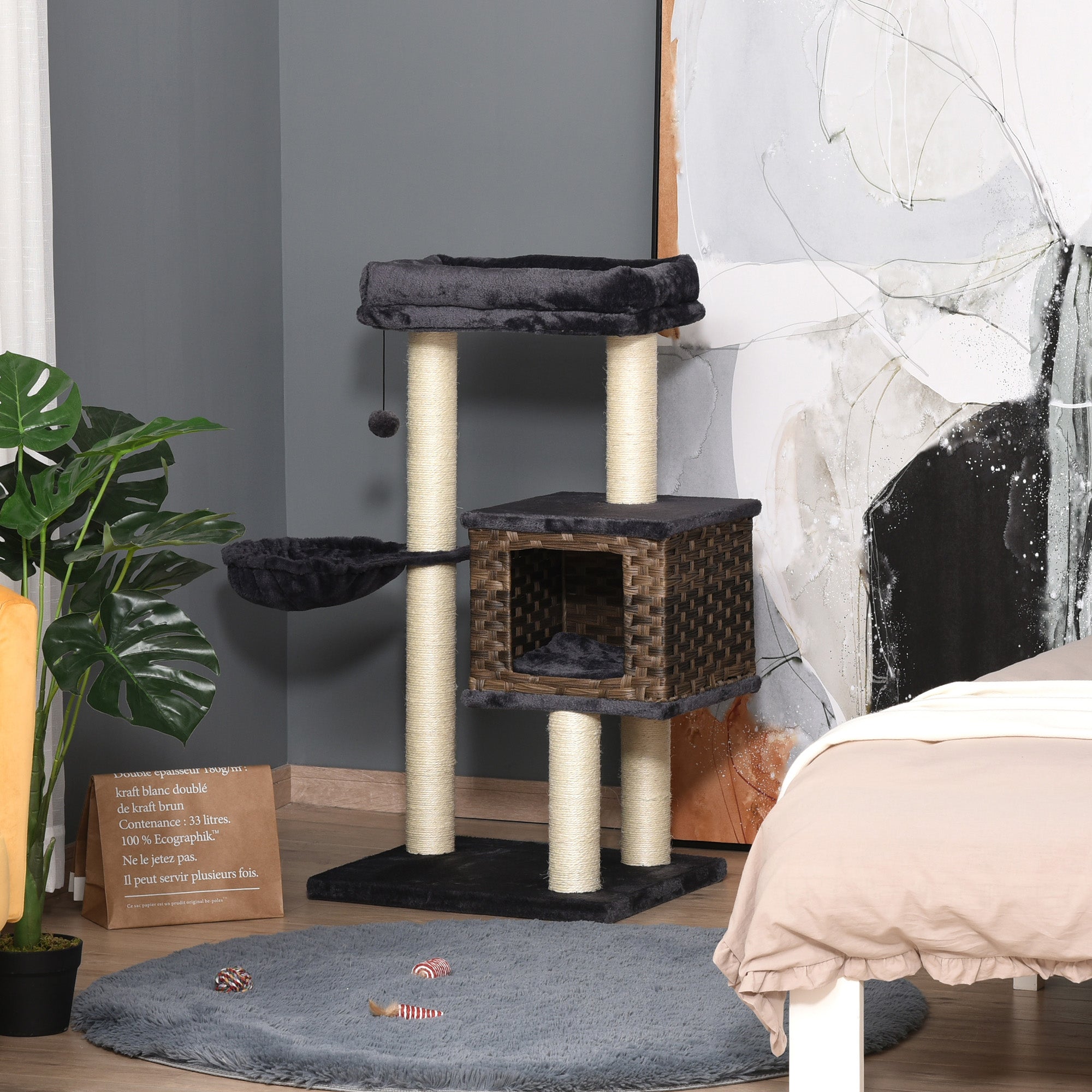 PawHut Cat Tree Tower for Indoor Cats 101cm Climbing Activity Center Kitten with Sisal Scratching Post Condo Perch Hanging Balls Toy Cushion PE Rattan