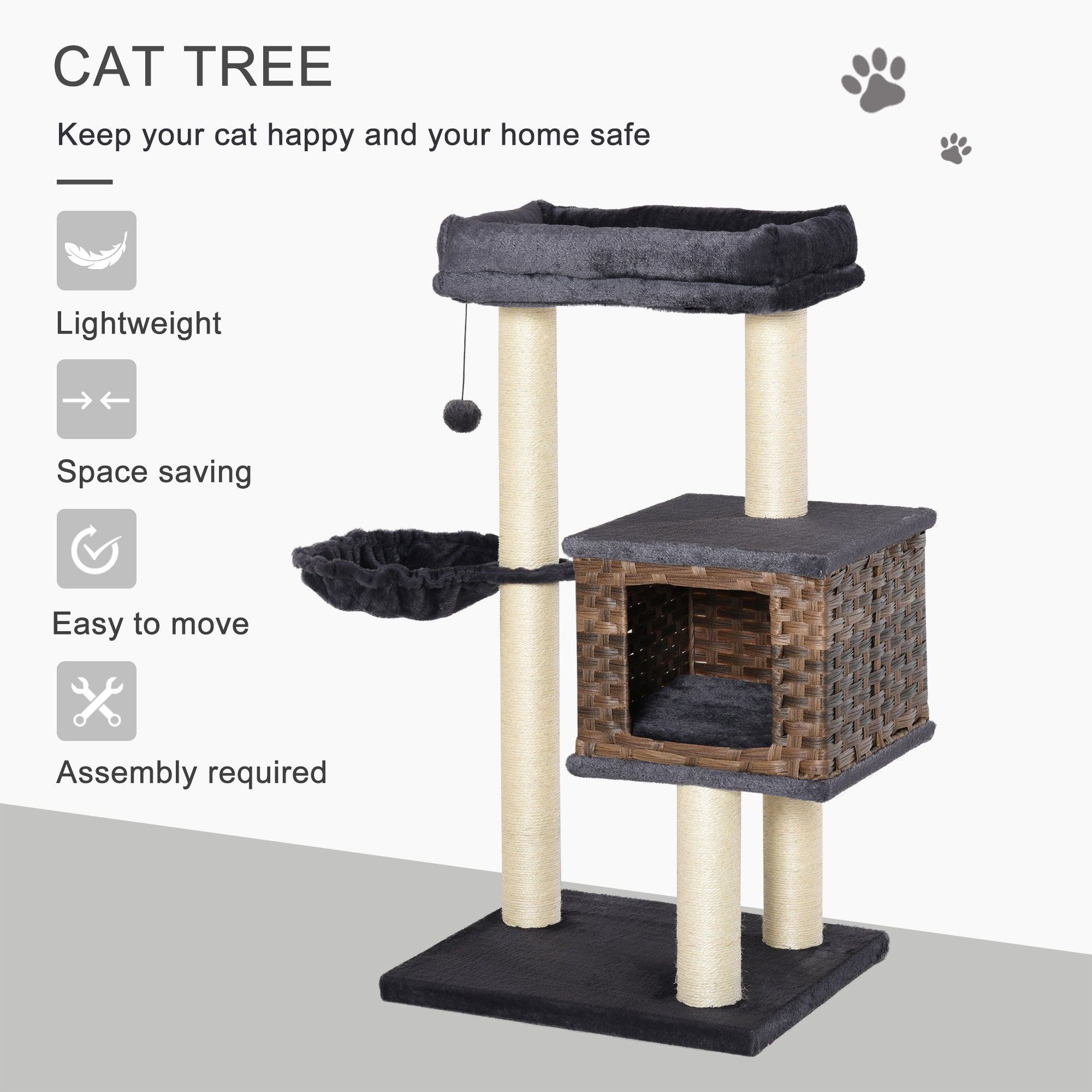 PawHut Cat Tree Tower for Indoor Cats 101cm Climbing Activity Center Kitten with Sisal Scratching Post Condo Perch Hanging Balls Toy Cushion PE Rattan