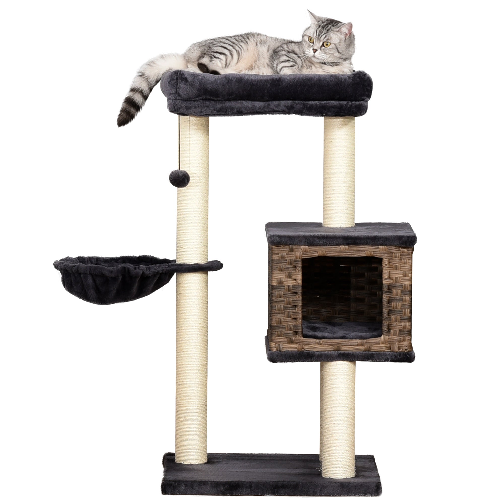 PawHut Cat Tree Tower for Indoor Cats 101cm Climbing Activity Center Kitten with Sisal Scratching Post Condo Perch Hanging Balls Toy Cushion PE Rattan