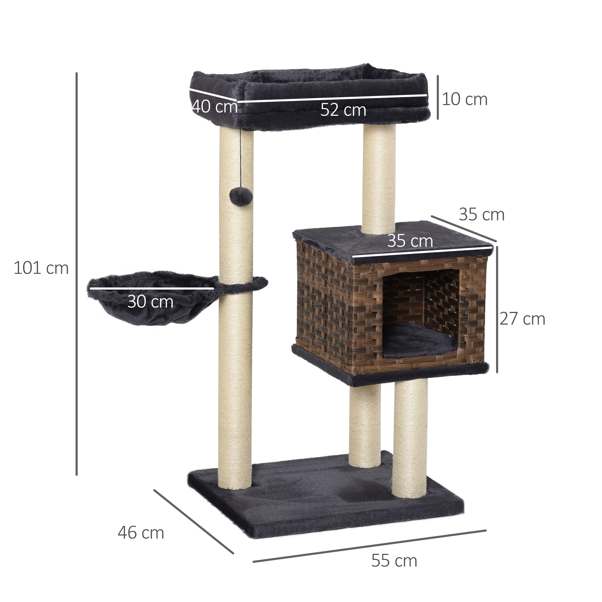 PawHut Cat Tree Tower for Indoor Cats 101cm Climbing Activity Center Kitten with Sisal Scratching Post Condo Perch Hanging Balls Toy Cushion PE Rattan