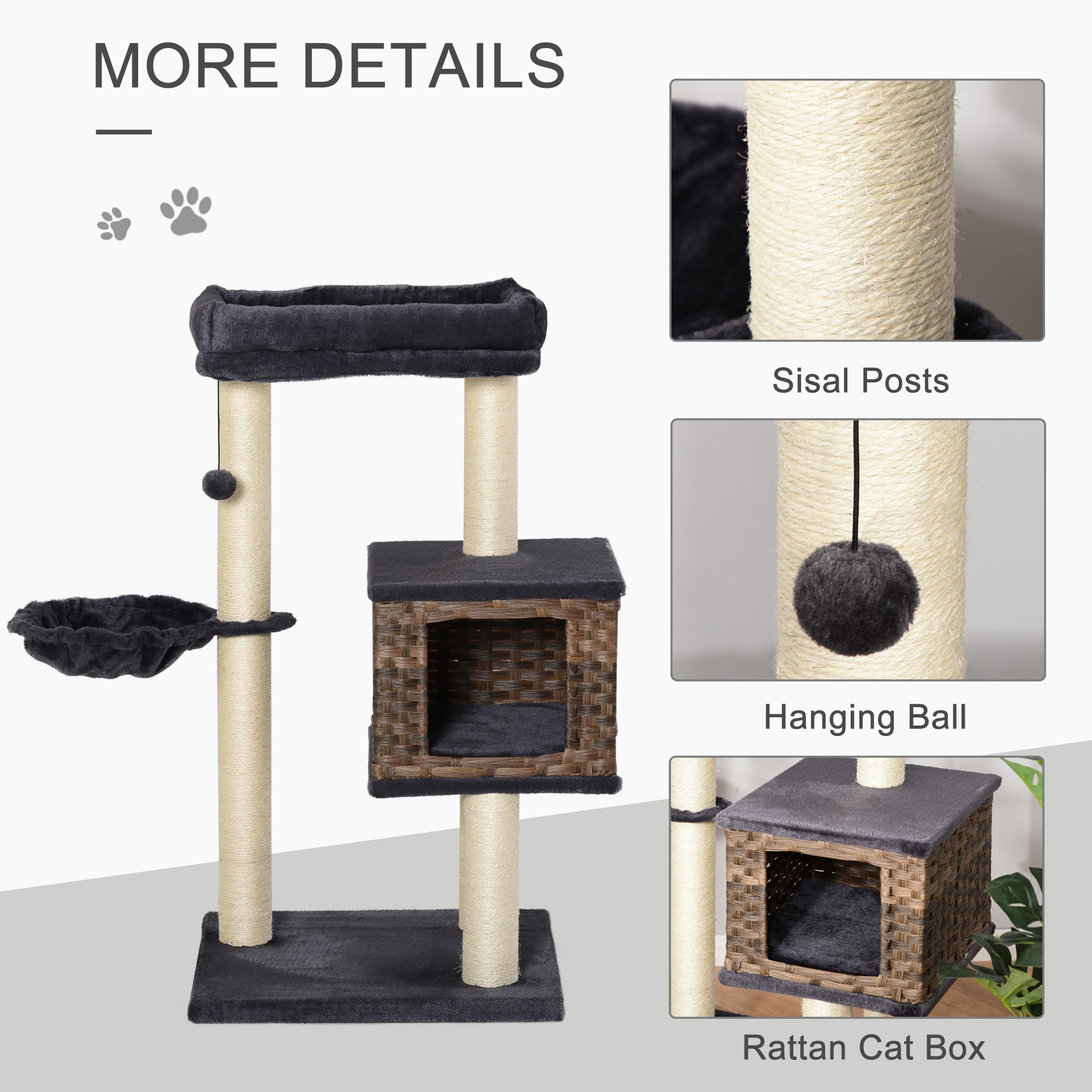 PawHut Cat Tree Tower for Indoor Cats 101cm Climbing Activity Center Kitten with Sisal Scratching Post Condo Perch Hanging Balls Toy Cushion PE Rattan