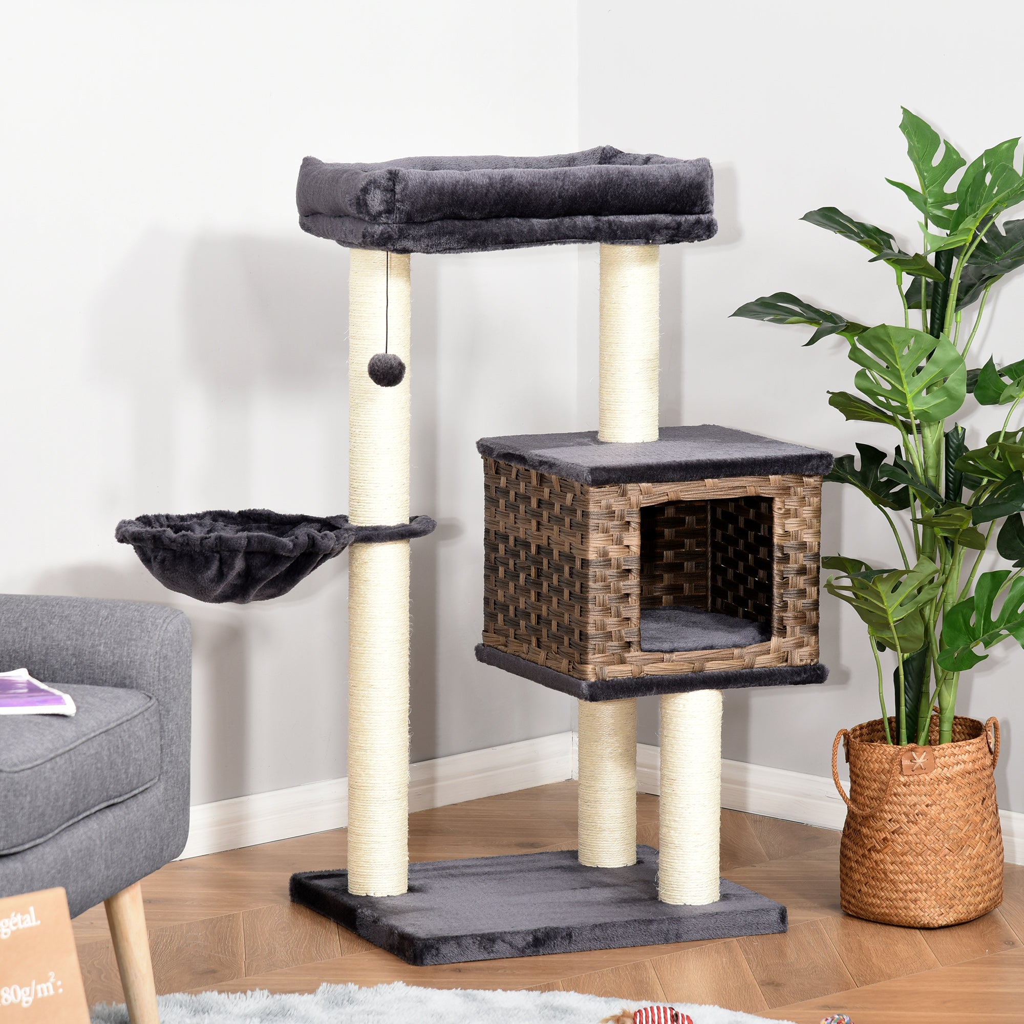 PawHut Cat Tree Tower for Indoor Cats 101cm Climbing Activity Center Kitten with Sisal Scratching Post Condo Perch Hanging Balls Toy Cushion PE Rattan