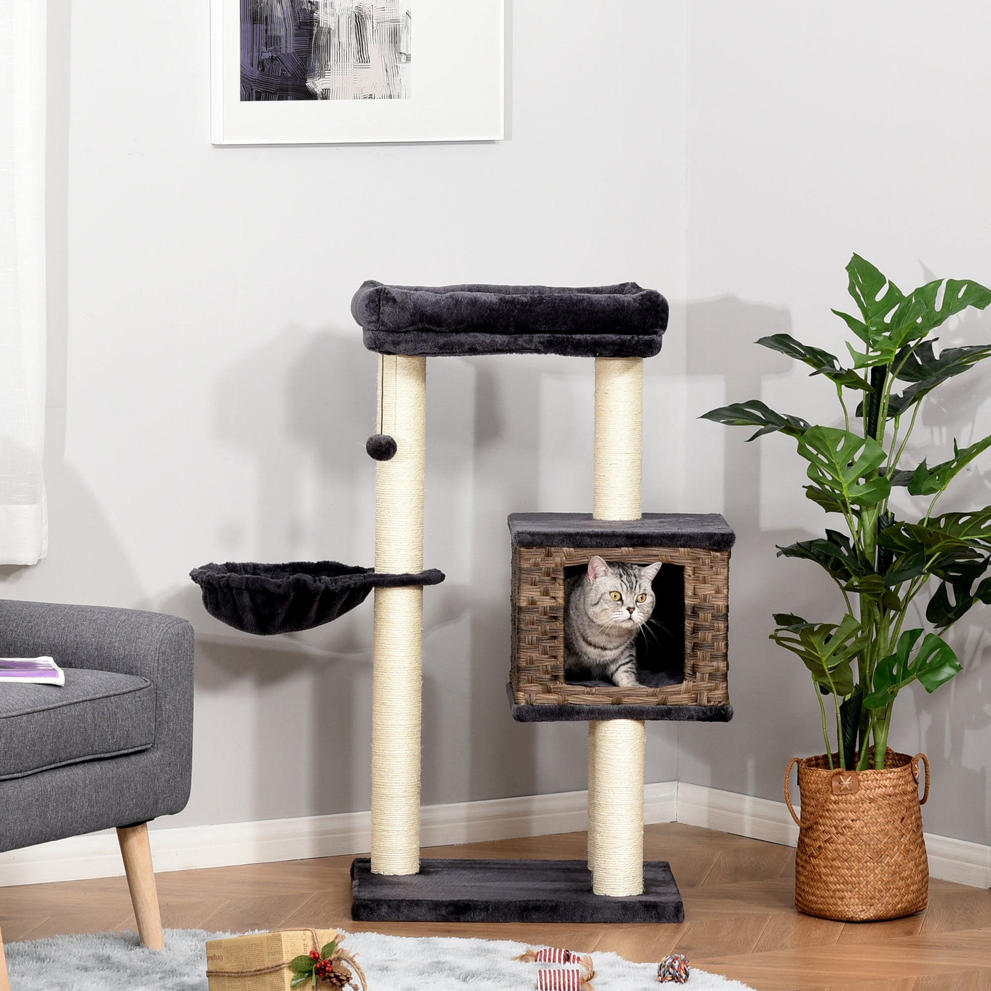 PawHut Cat Tree Tower for Indoor Cats 101cm Climbing Activity Center Kitten with Sisal Scratching Post Condo Perch Hanging Balls Toy Cushion PE Rattan