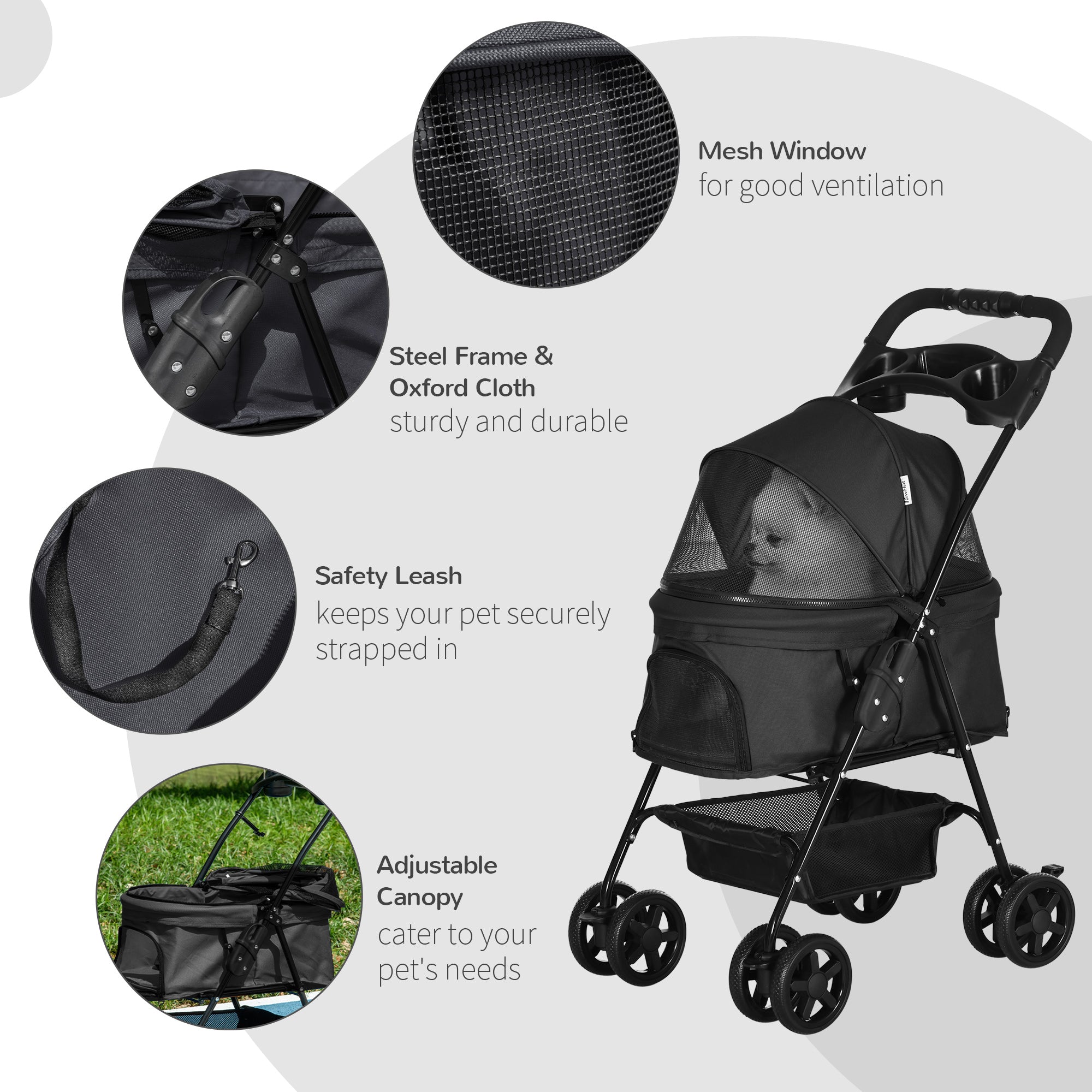 PawHut 4 Wheels Dog Stroller, Foldable Cat Stroller with Storage Basket, Adjustable Canopy, Cup Holder, Safety Leashes, for Miniature Dogs, Black