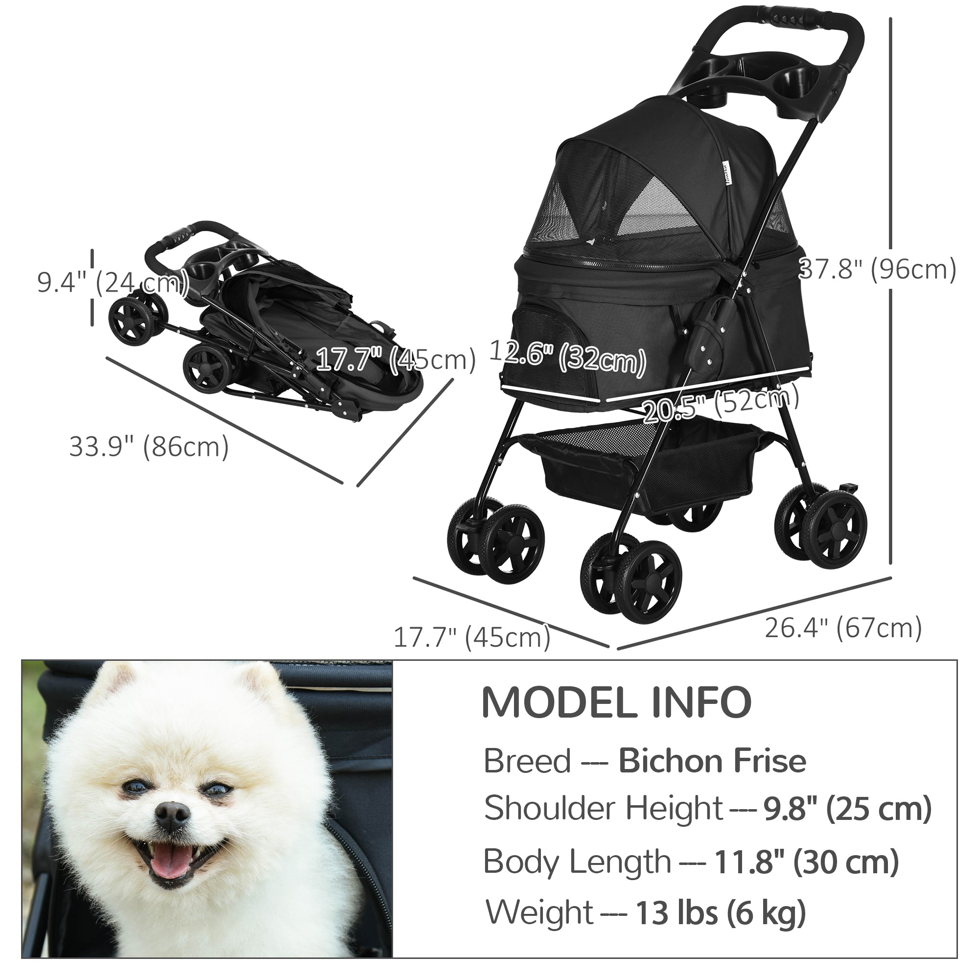 PawHut 4 Wheels Dog Stroller, Foldable Cat Stroller with Storage Basket, Adjustable Canopy, Cup Holder, Safety Leashes, for Miniature Dogs, Black