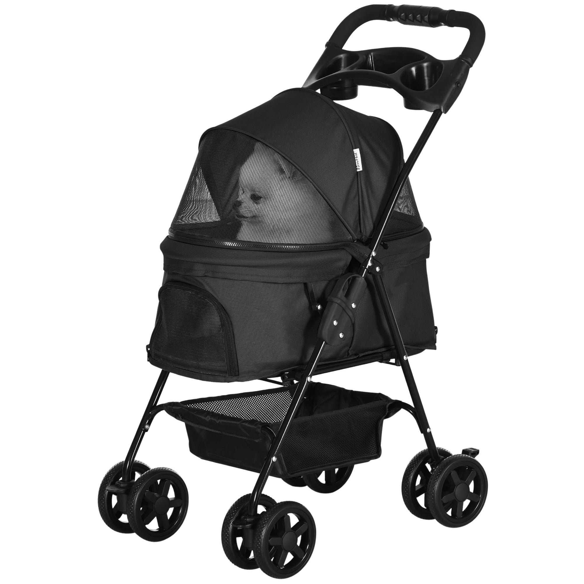 PawHut Dog Pram Dog Stroller Foldable Pet Pushchair with 4 Wheels, Safety Leashes, Cup Holder for Small Dogs, Black