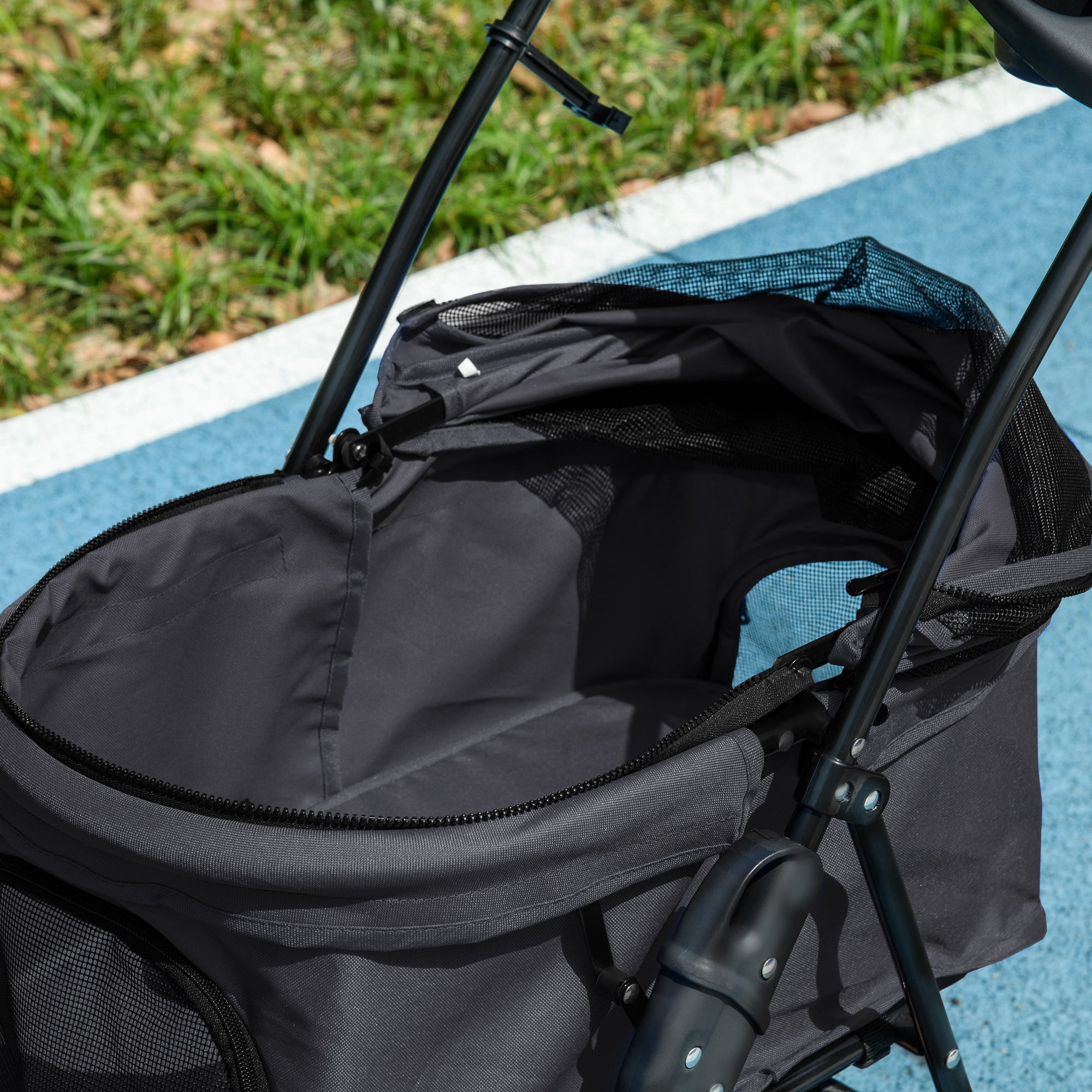 PawHut 4 Wheels Dog Stroller, Foldable Cat Stroller with Storage Basket, Adjustable Canopy, Cup Holder, Safety Leashes, for Miniature Dogs, Black