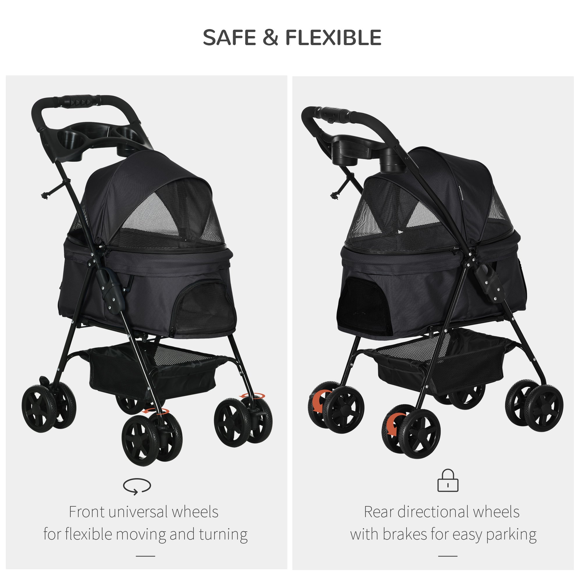 PawHut 4 Wheels Dog Stroller, Foldable Cat Stroller with Storage Basket, Adjustable Canopy, Cup Holder, Safety Leashes, for Miniature Dogs, Black