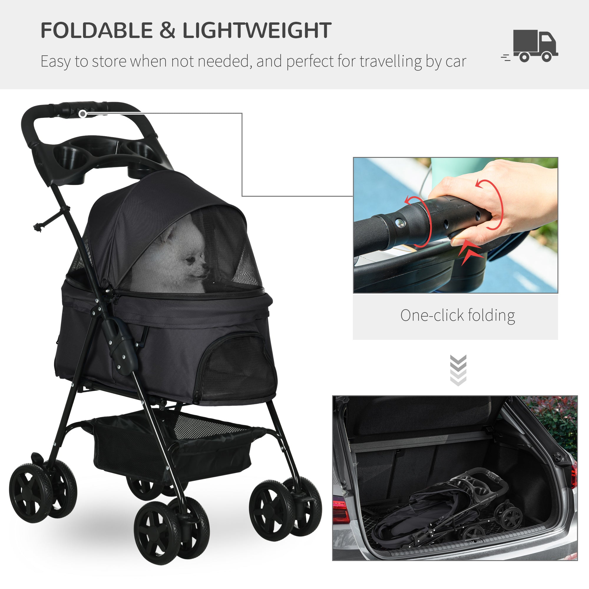 PawHut 4 Wheels Dog Stroller, Foldable Cat Stroller with Storage Basket, Adjustable Canopy, Cup Holder, Safety Leashes, for Miniature Dogs, Black