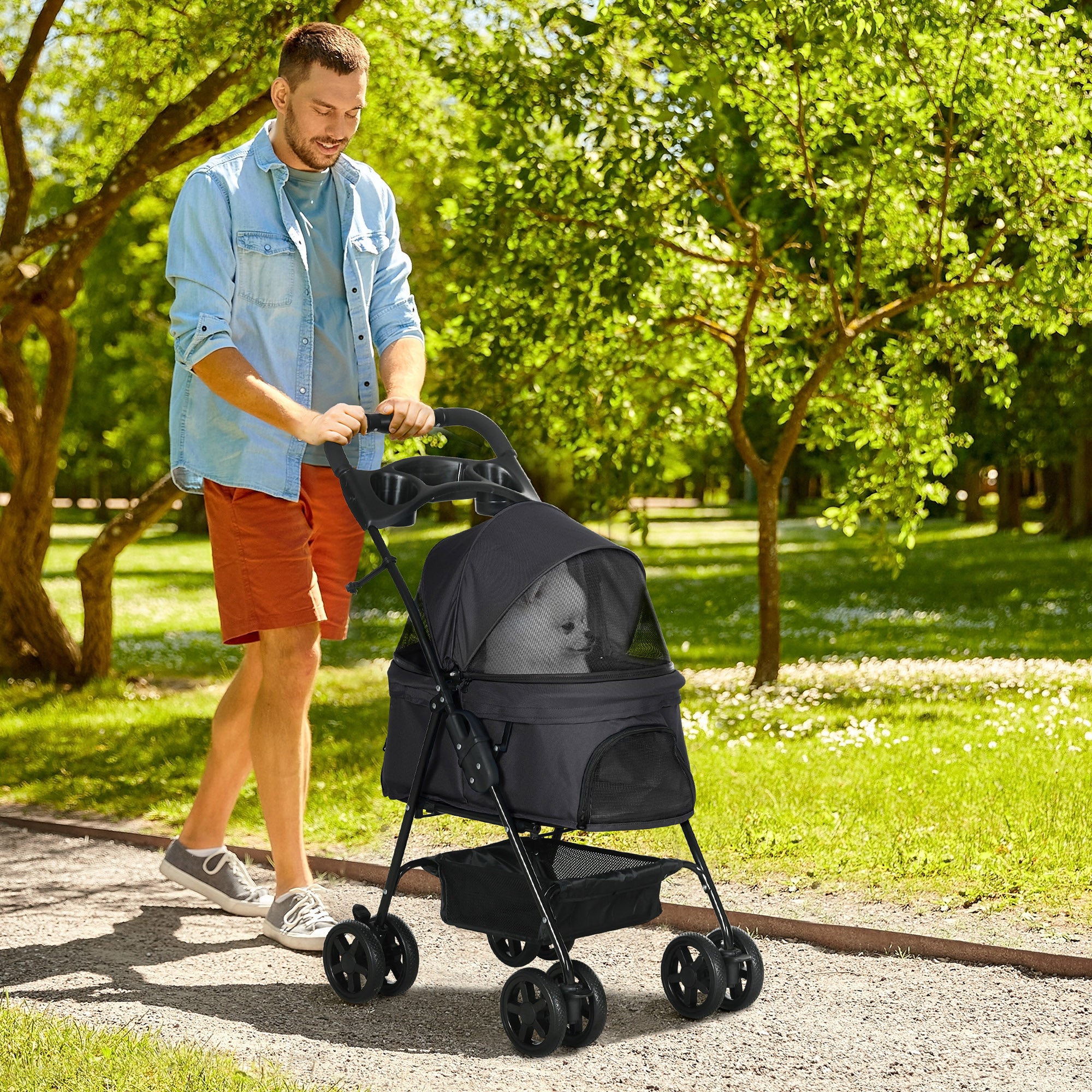 PawHut 4 Wheels Dog Stroller, Foldable Cat Stroller with Storage Basket, Adjustable Canopy, Cup Holder, Safety Leashes, for Miniature Dogs, Black