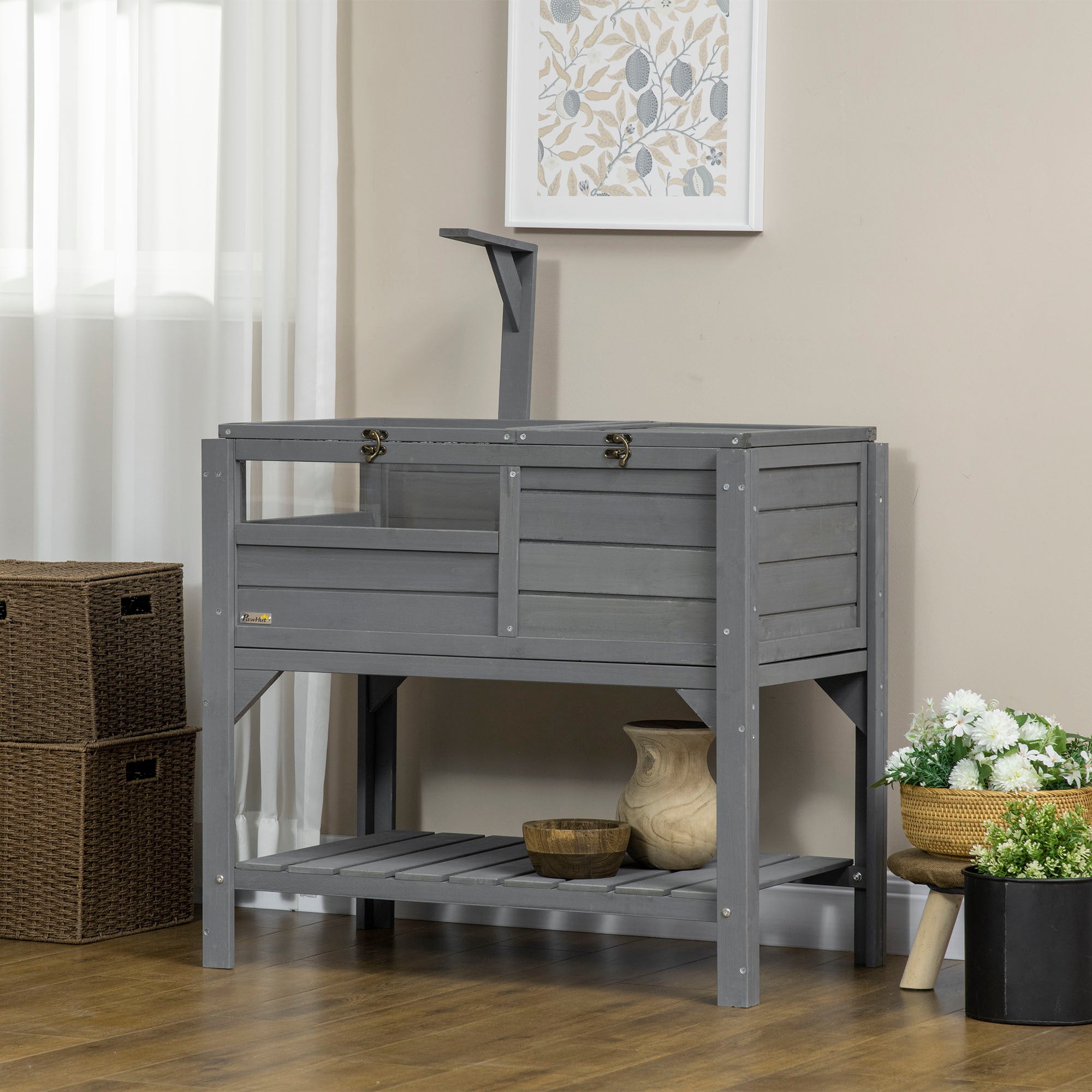 PawHut Wooden Tortoise House Habitat with Shelf, Tortoise Enclosure for Small Animals with Light Support Frame, Reptile Cage with Tray for Indoor Use, 33" L x 20" W x 41" H