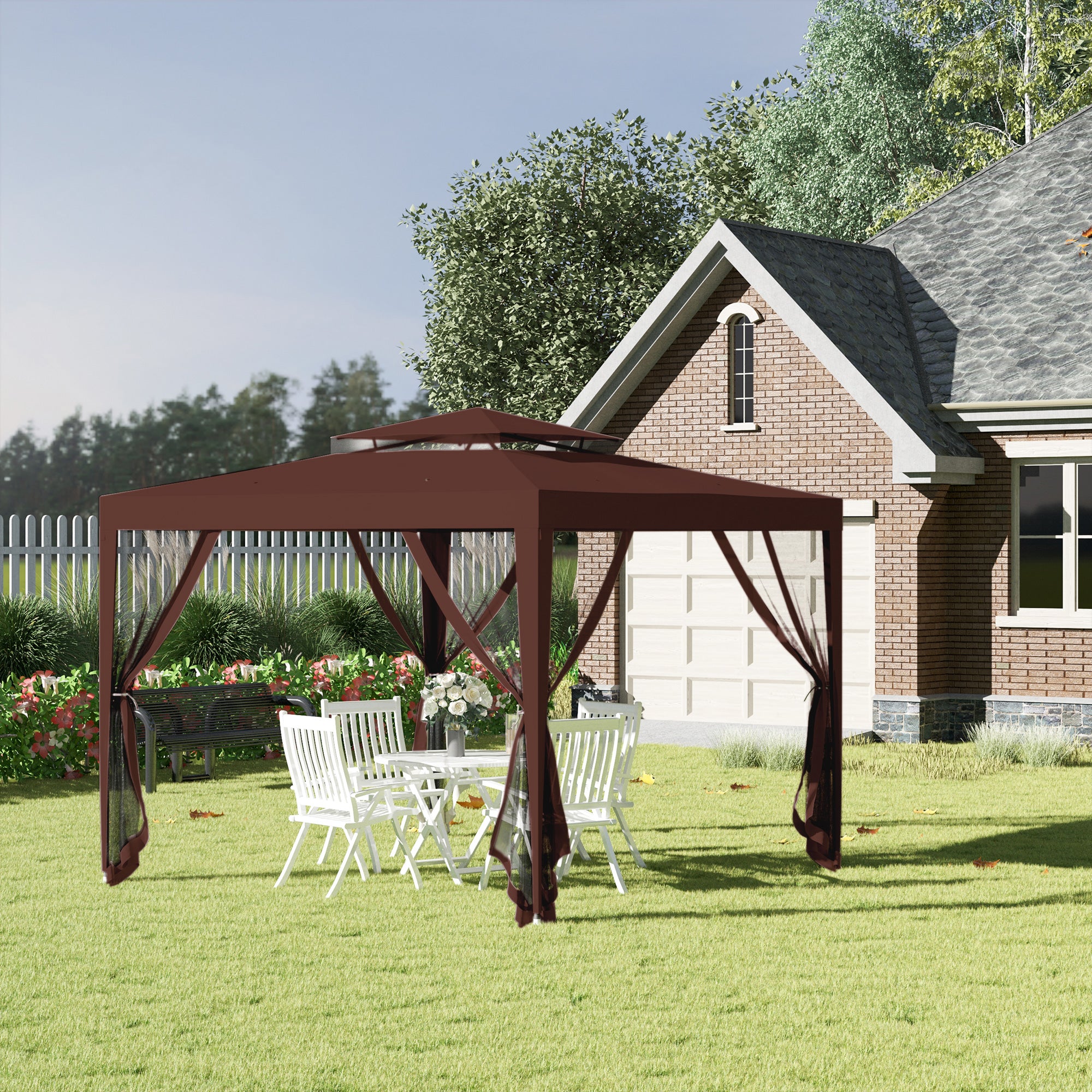 Outsunny 10' x 10' Canopy Tent, Party Tent with Mesh Netting and Double Tier Roof for Backyard, Garden, Patio, Outdoor, Brown