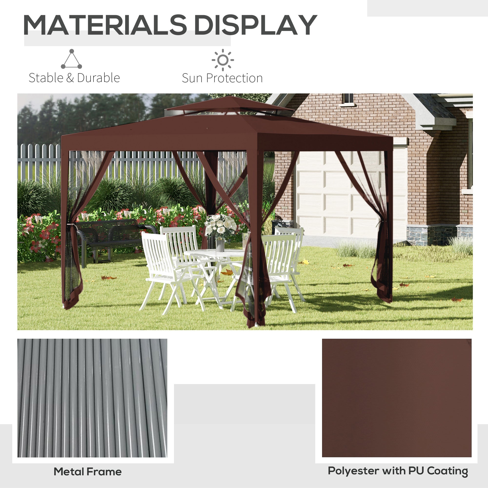 Outsunny 10' x 10' Canopy Tent, Party Tent with Mesh Netting and Double Tier Roof for Backyard, Garden, Patio, Outdoor, Brown