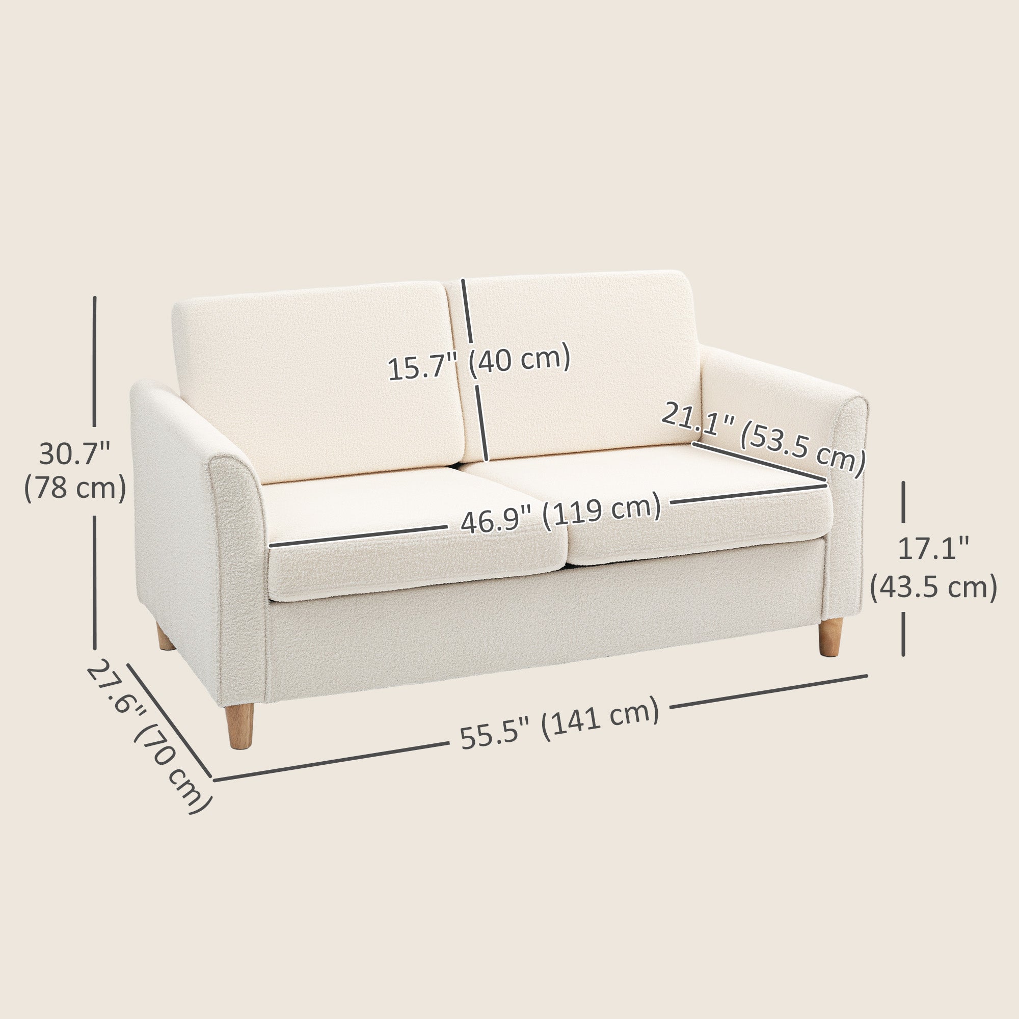 HOMCOM 56" Loveseat Sofa, Upholstered 2-Seater Couch with Armrests and Wooden Legs for Living Room, Bedroom, Cream White