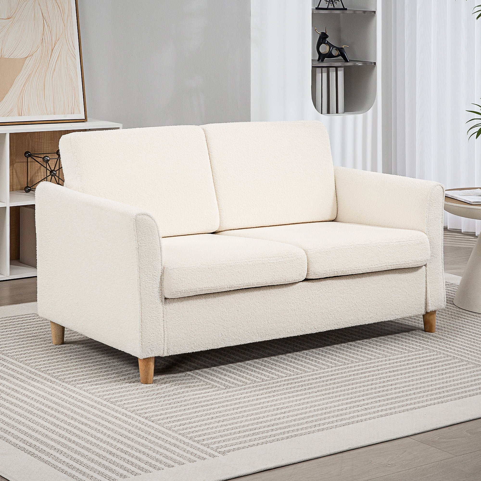 HOMCOM 56" Loveseat Sofa, Upholstered 2-Seater Couch with Armrests and Wooden Legs for Living Room, Bedroom, Cream White