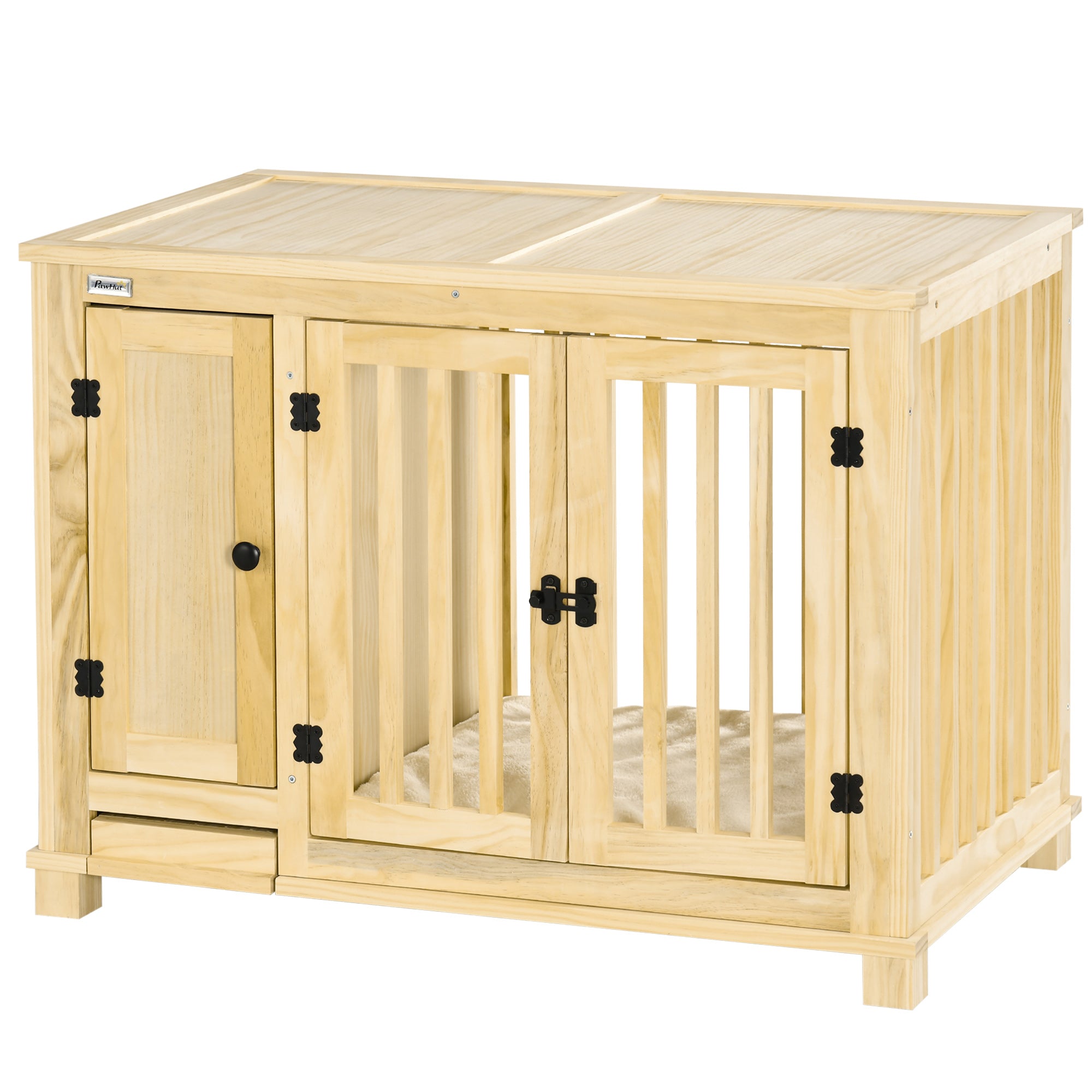 PawHut Dog Crate Furniture with Drawer Bowl, Wooden Dog Cage with Storage Cushion for Small Dogs - Natural Tone