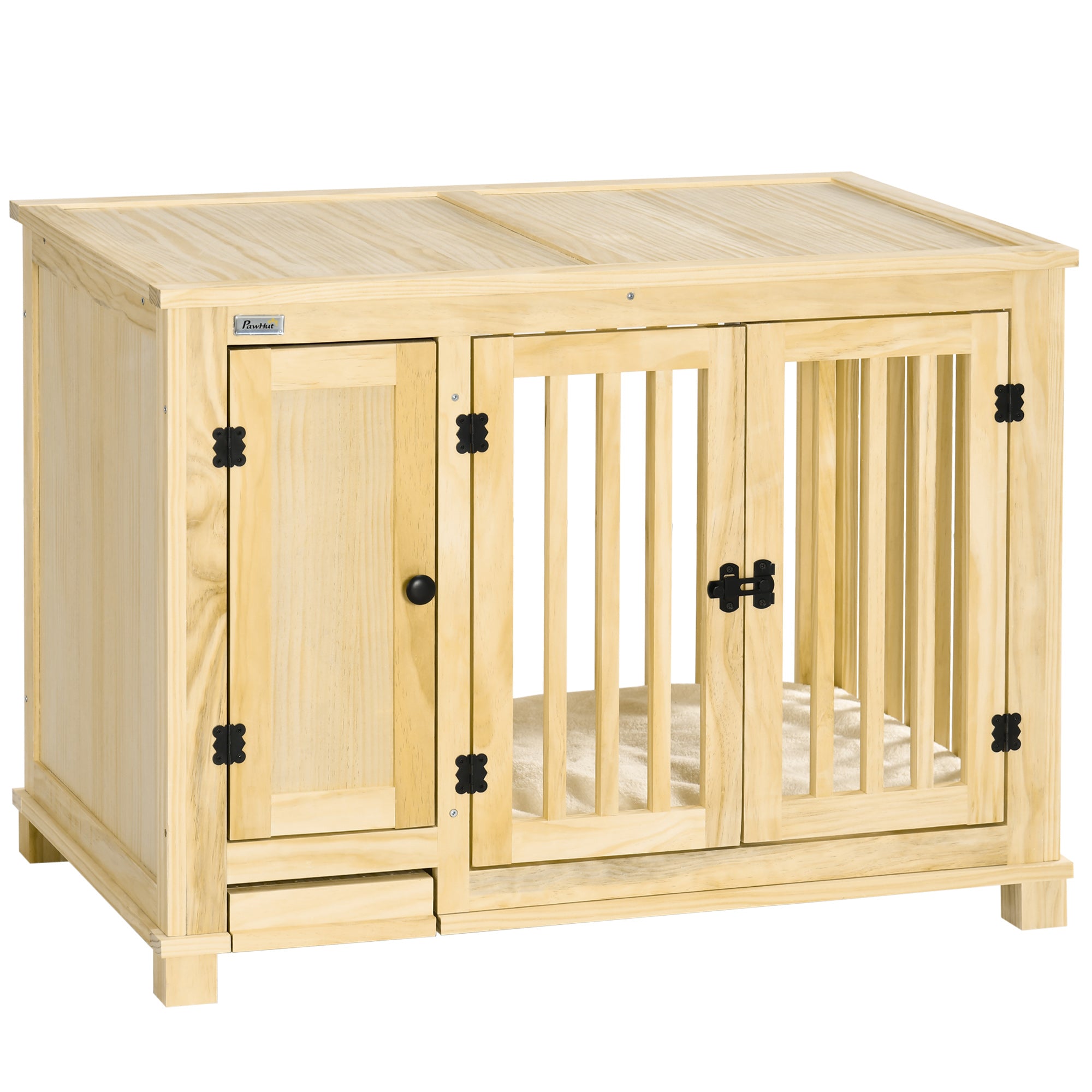 PawHut Dog Crate Furniture with Drawer Bowl, Wooden Dog Cage with Storage Cushion for Small Dogs - Natural Tone