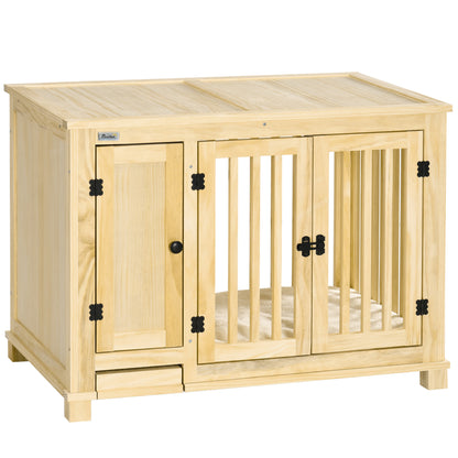 PawHut Dog Crate Furniture with Drawer Bowl, Wooden Dog Cage with Storage Cushion for Small Dogs - Natural Tone