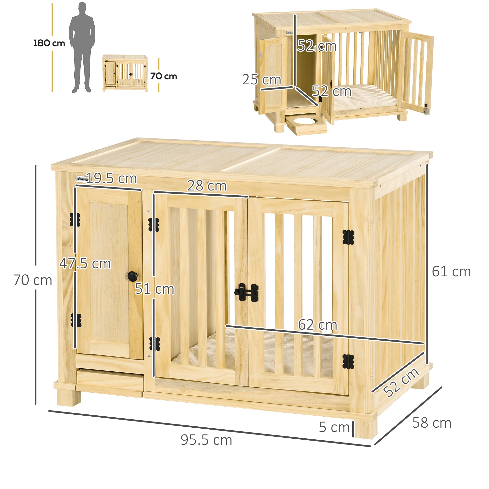 PawHut Dog Crate Furniture with Drawer Bowl, Wooden Dog Cage with Storage Cushion for Small Dogs - Natural Tone