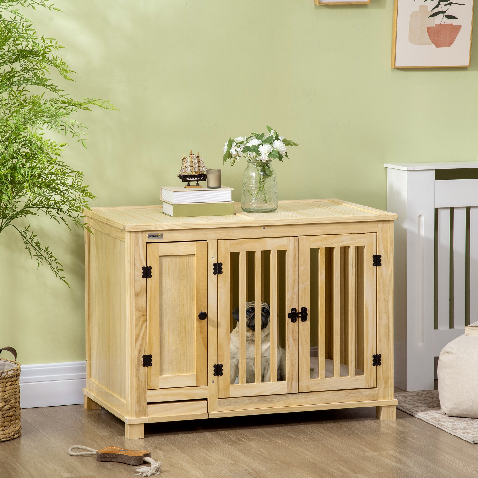 PawHut Dog Crate Furniture with Drawer Bowl, Wooden Dog Cage with Storage Cushion for Small Dogs - Natural Tone