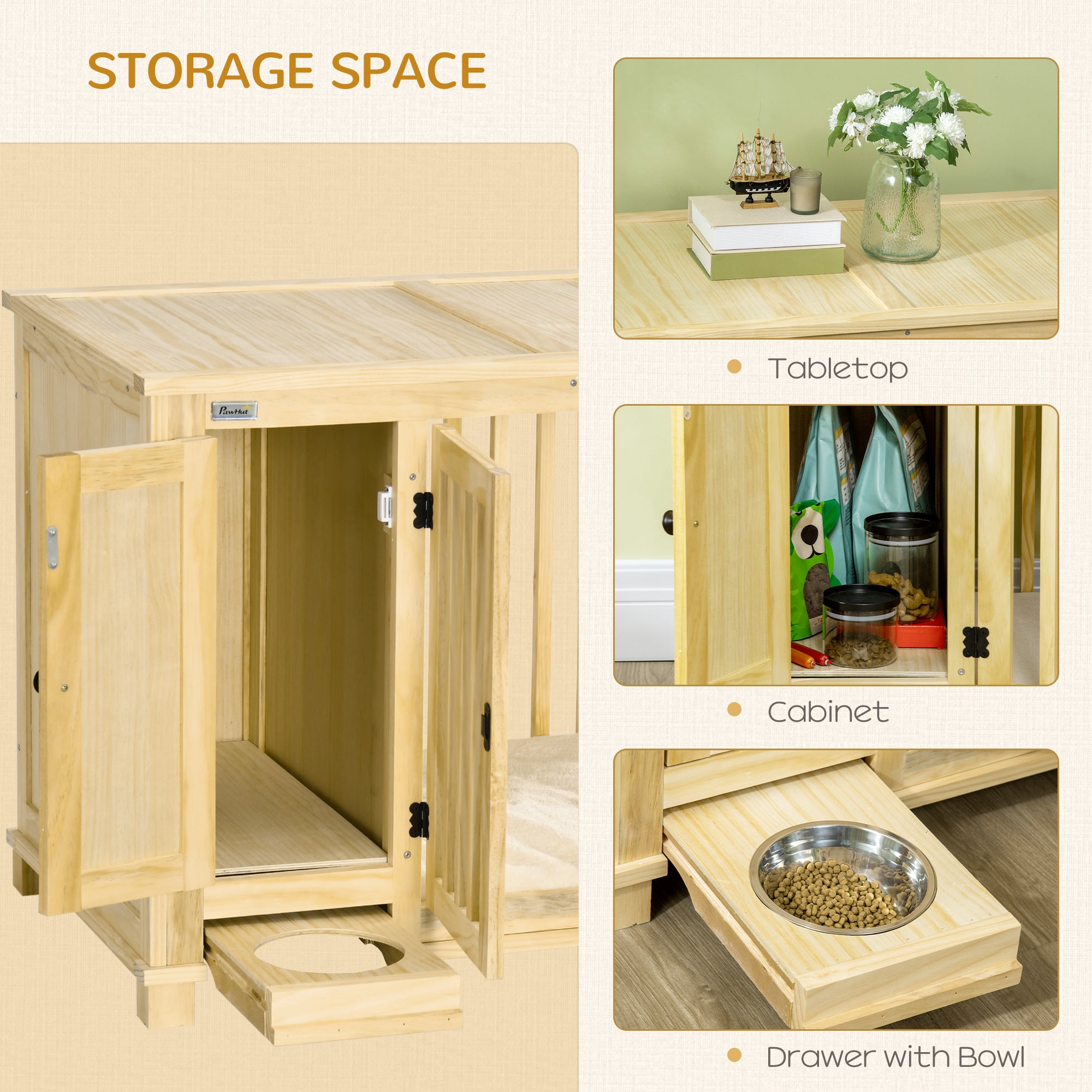 PawHut Dog Crate Furniture with Drawer Bowl, Wooden Dog Cage with Storage Cushion for Small Dogs - Natural Tone