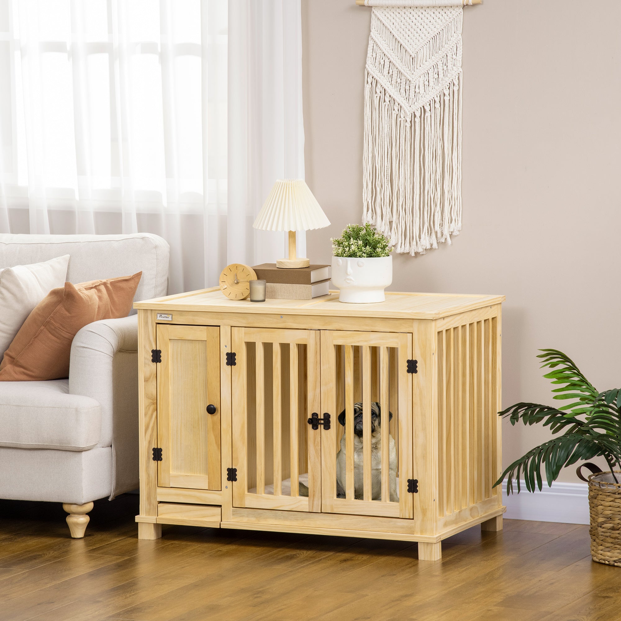 PawHut Dog Crate Furniture with Drawer Bowl, Wooden Dog Cage with Storage Cushion for Small Dogs - Natural Tone
