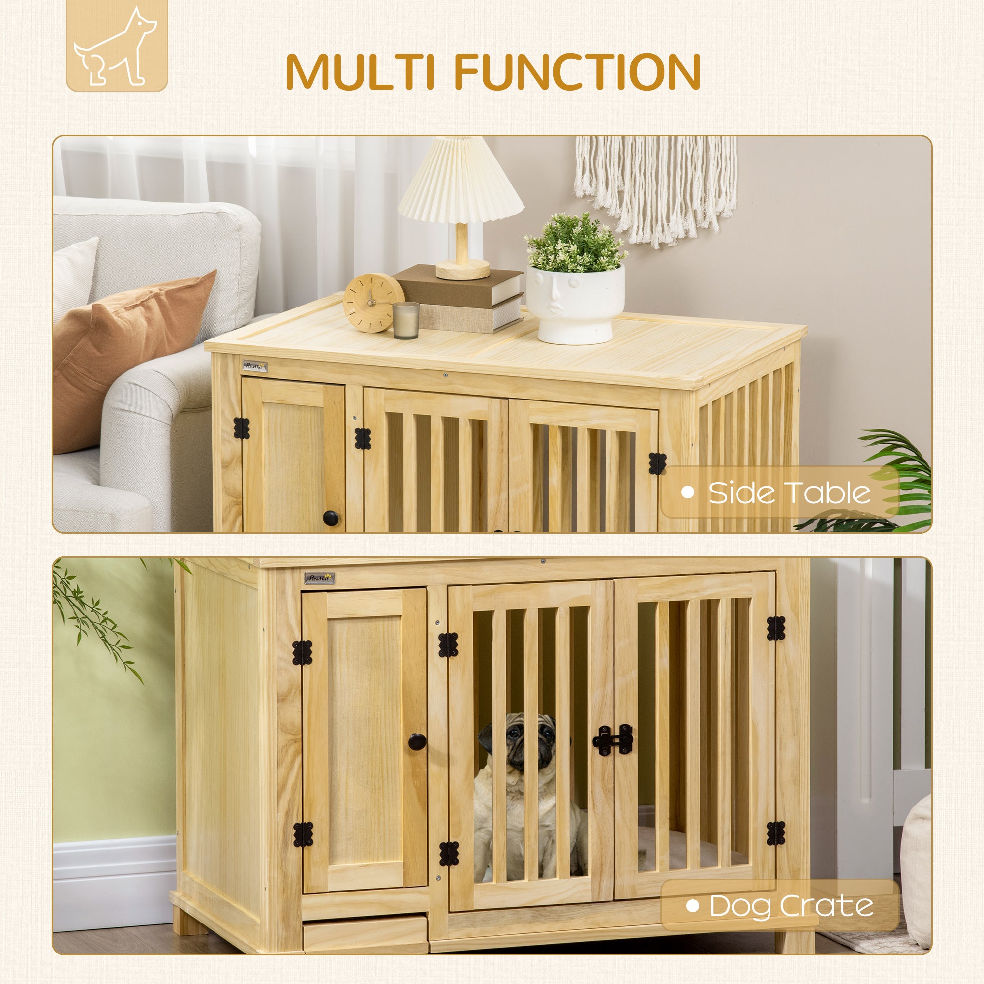 PawHut Dog Crate Furniture with Drawer Bowl, Wooden Dog Cage with Storage Cushion for Small Dogs - Natural Tone