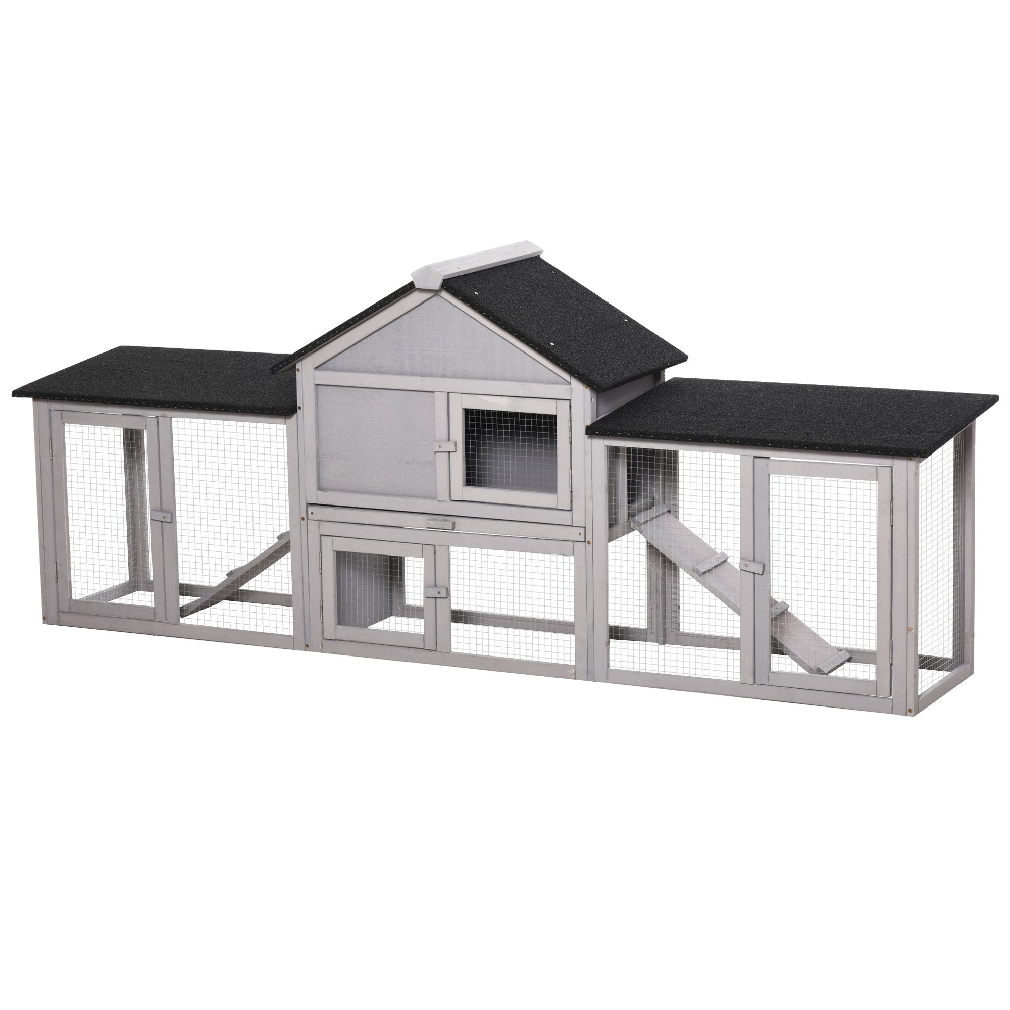PawHut Large Rabbit Hutch Wood Bunny Cage Outdoor Guinea Pig House with Double Runs Slide Out Tray Ramps, 83"x18"x33", Grey