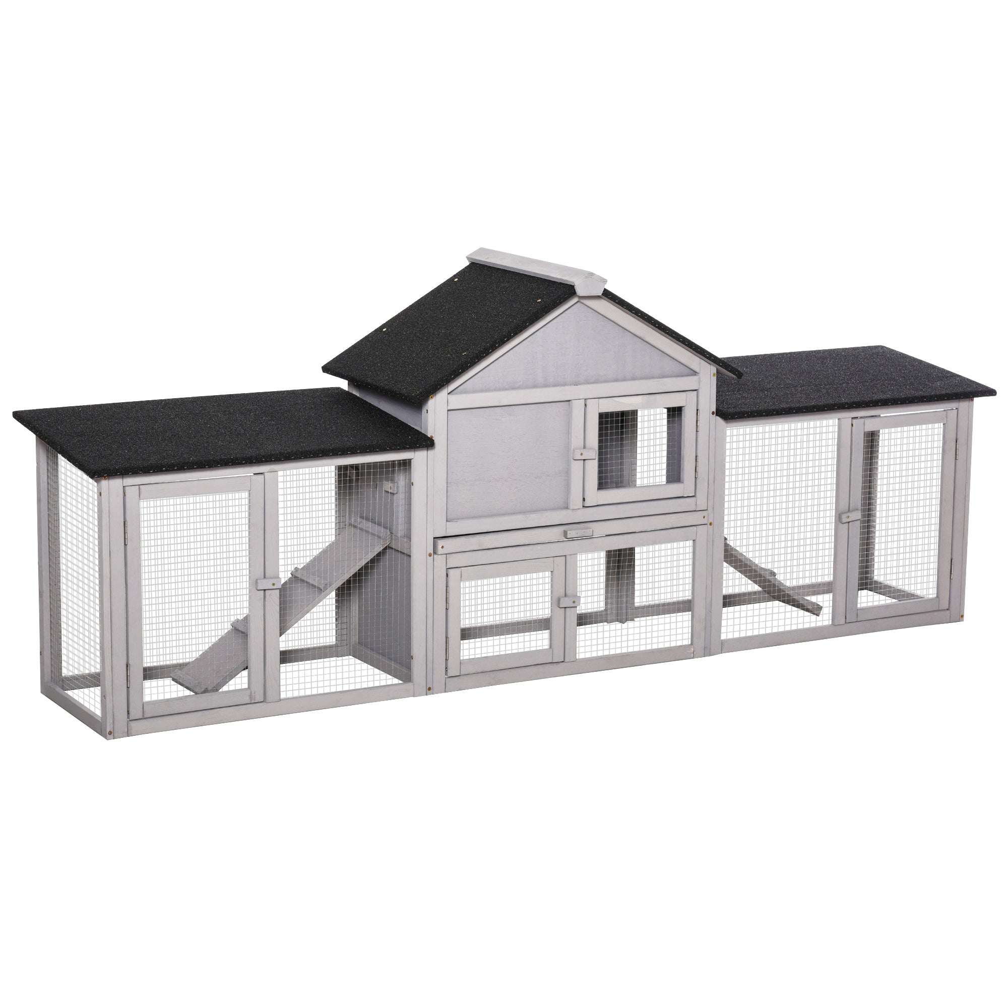 PawHut Large Rabbit Hutch Wood Bunny Cage Outdoor Guinea Pig House with Double Runs Slide Out Tray Ramps, 83"x18"x33", Grey